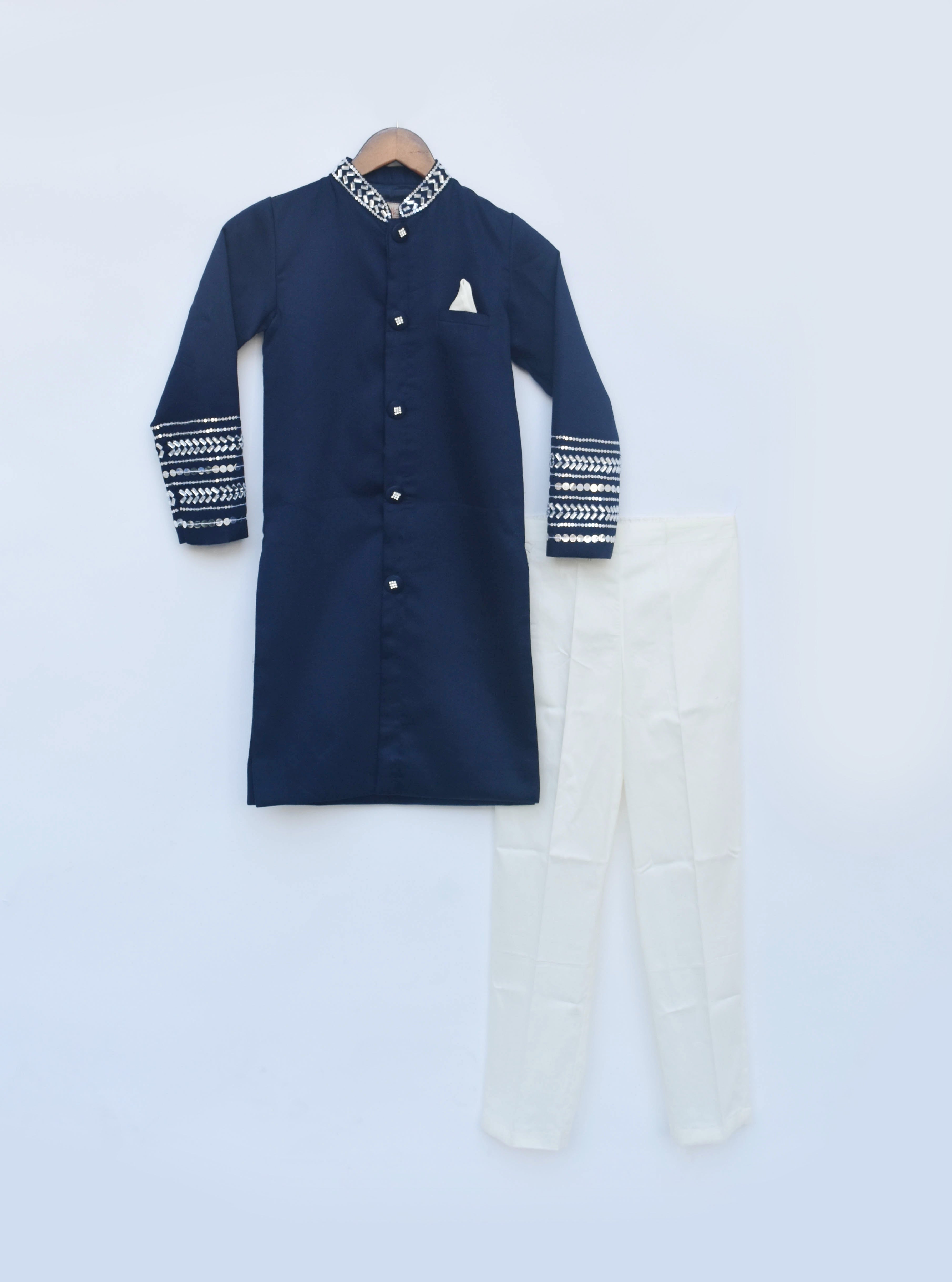 Boy's Blue Silk Ajkan And Off White Pant - Fayon Kids