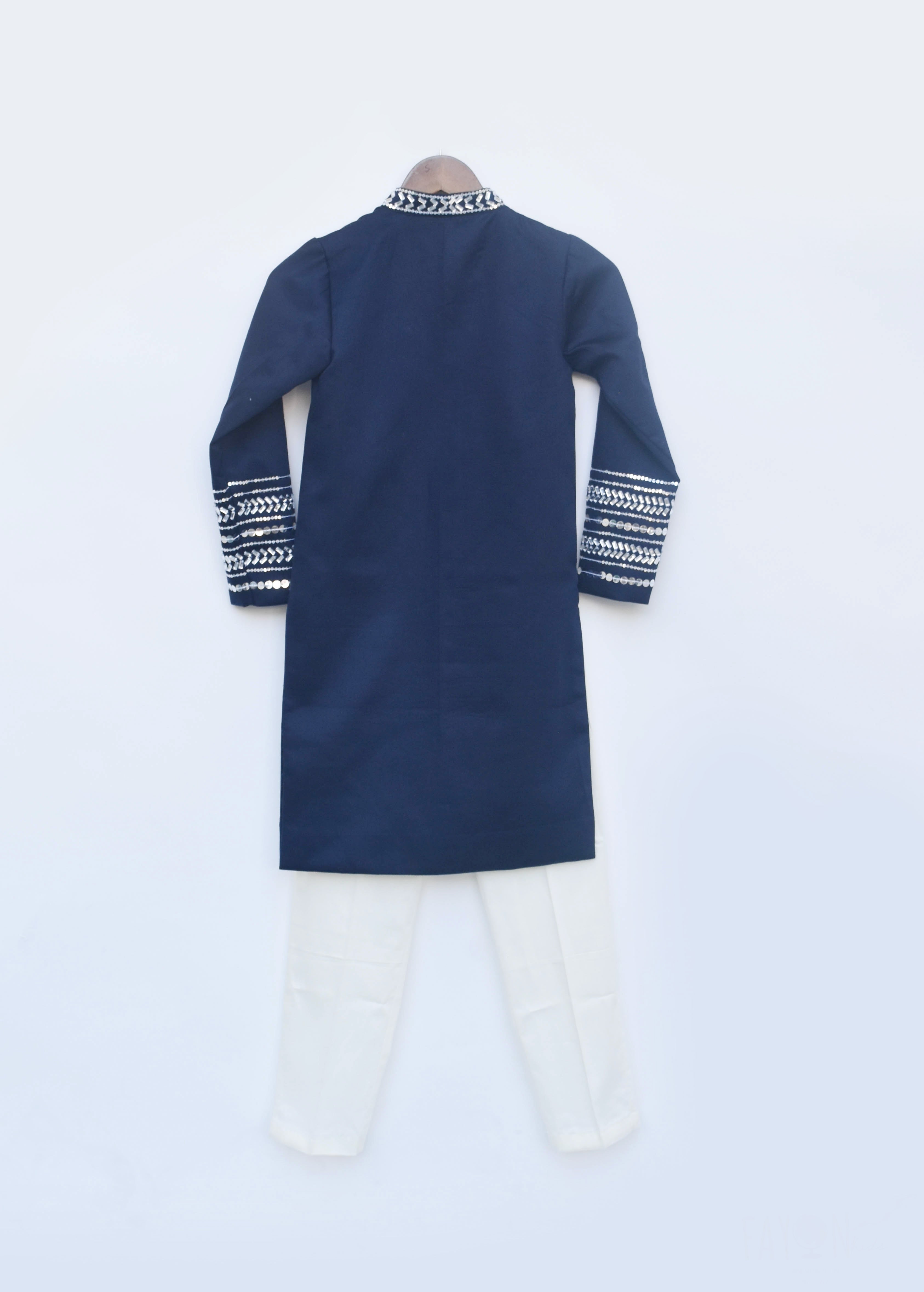 Boy's Blue Silk Ajkan And Off White Pant - Fayon Kids