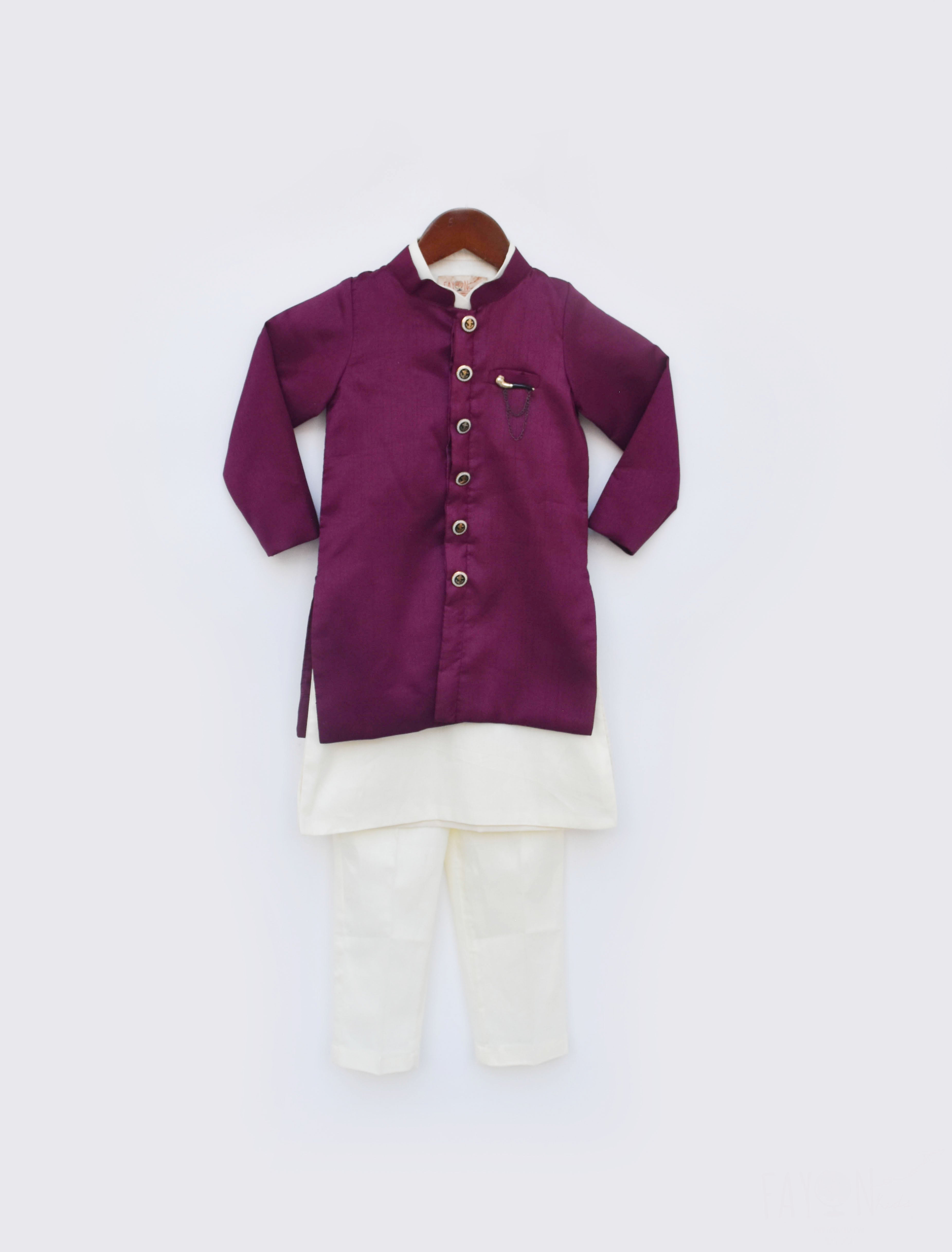 Boy's Wine Silk Jacket And Off White Kurta Pant - Fayon Kids