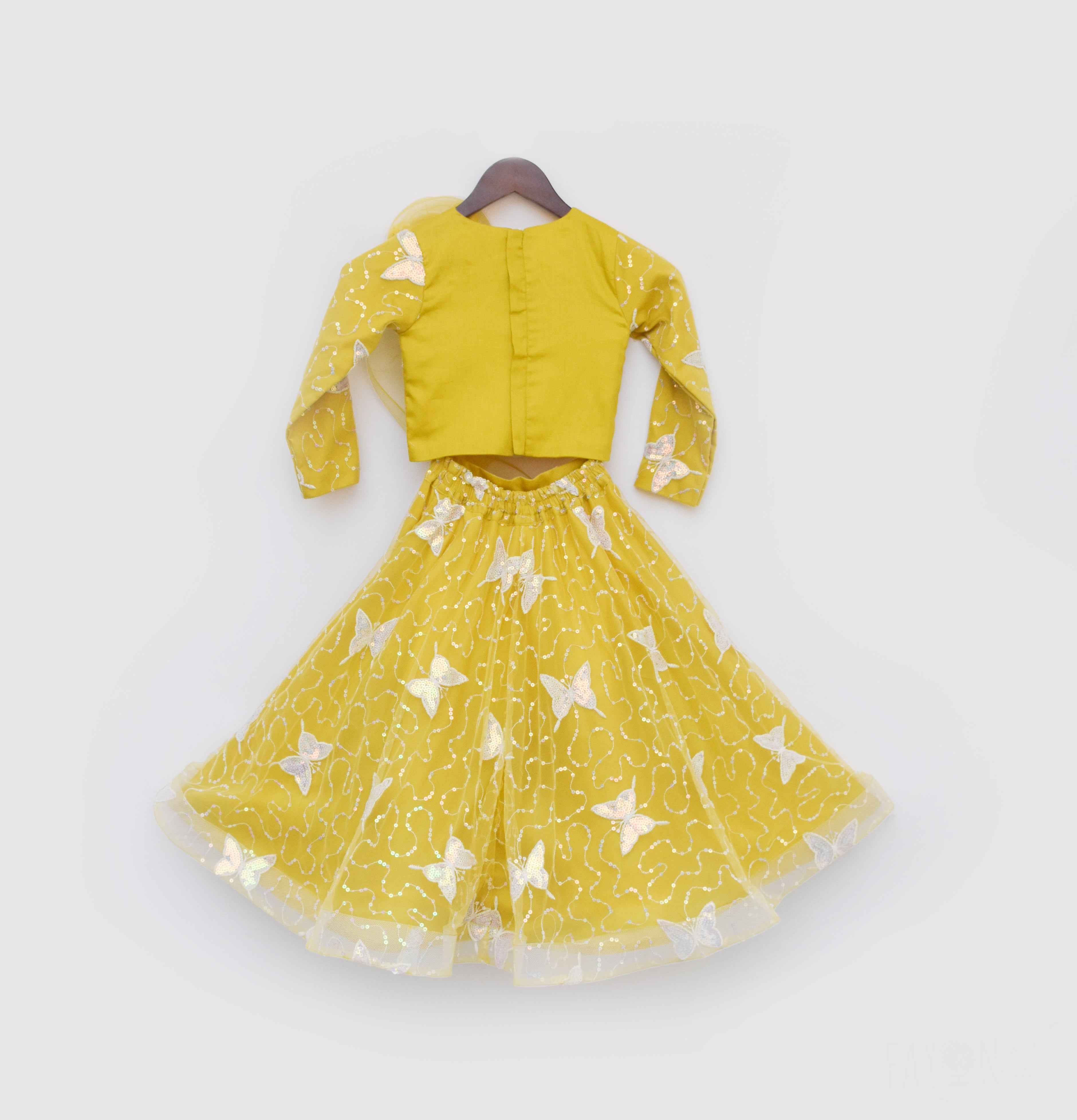 Girl's Mustard Yellow Butterfly Net Lehenga Choli  - Fayon Kids