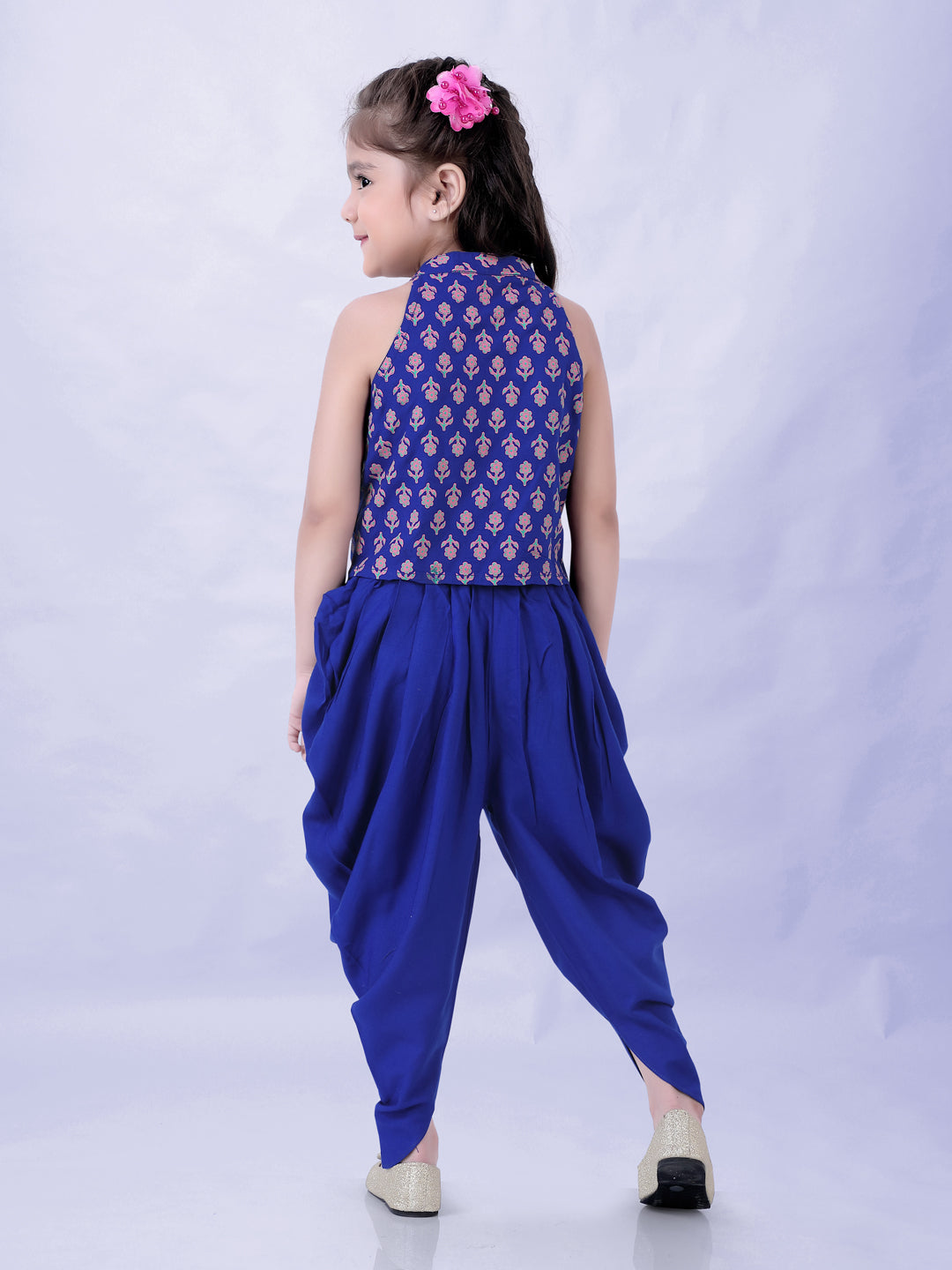 Girl's Block Print Halter Neck Top With Potli Buttons & Sling Bag , Fusion Dhoti-Royal Blue - Lil Peacock