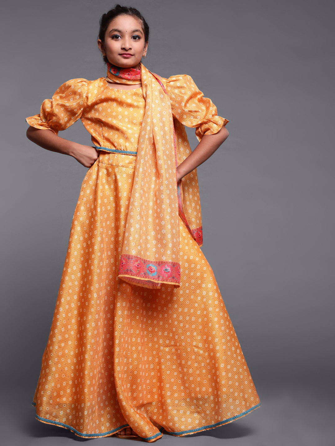 Girl's Yellow Printed Lehenga Choli With Dupatta Set - Aks Girls
