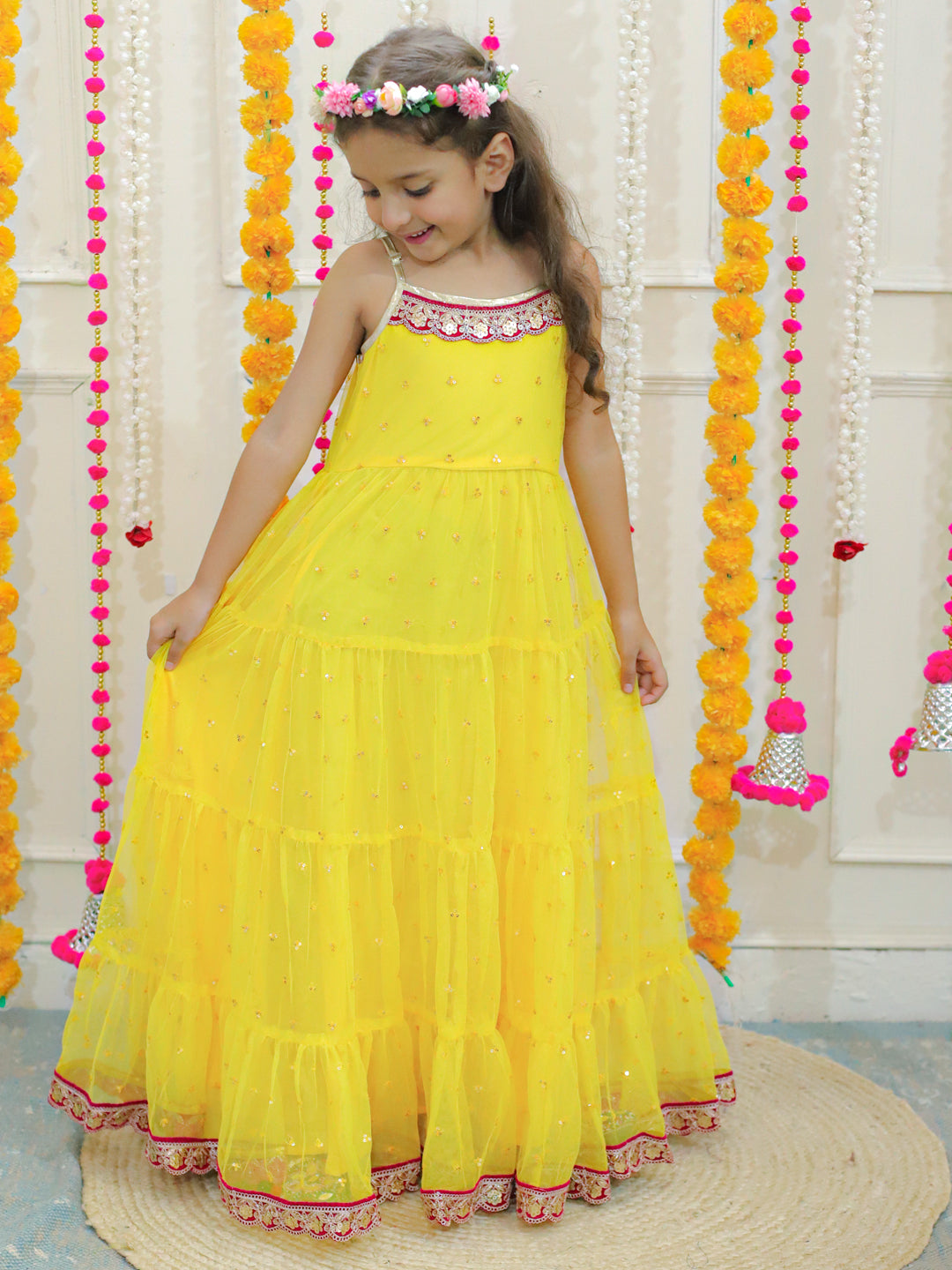 Girl's sequins tiered dress with lace at hem & yoke,  lurex strappy sleeves-Yellow - Lil Peacock