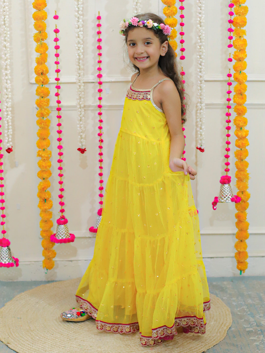 Girl's sequins tiered dress with lace at hem & yoke,  lurex strappy sleeves-Yellow - Lil Peacock