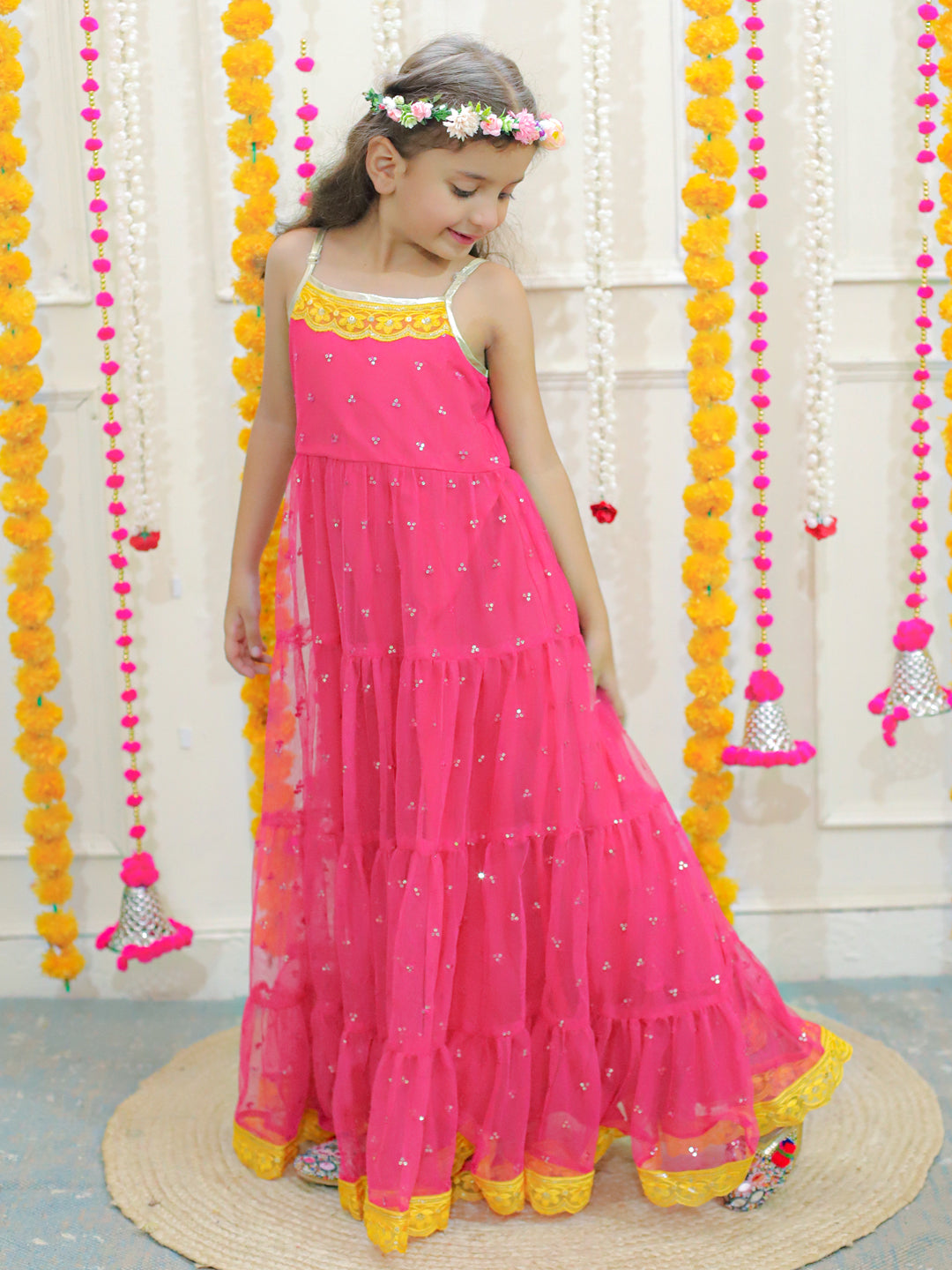 Girl's sequins tiered dress with lace at hem & yoke,  lurex strappy sleeves-Fuschia - Lil Peacock