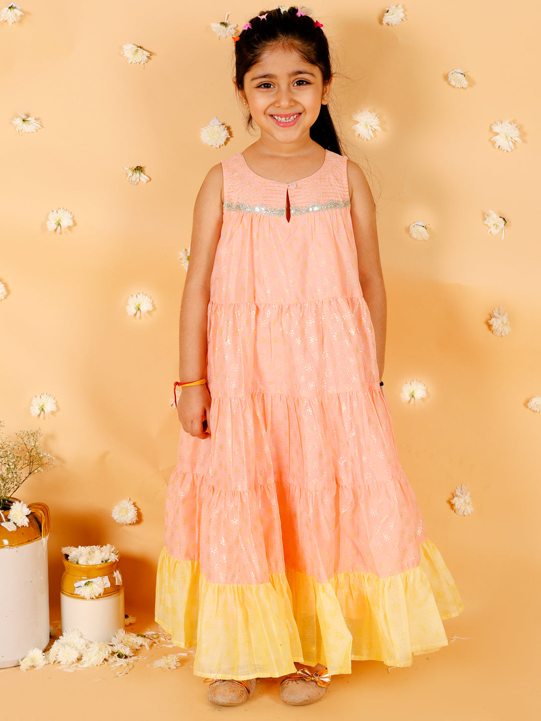 Girl's Stylish Foil Print Tiered Dress With Couching & Lace-Peach - Lil Peacock