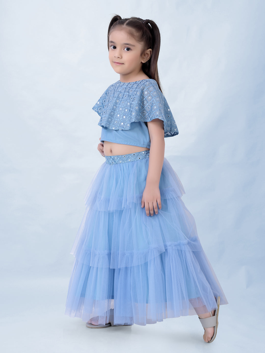 Girl's Faux Miror Flap Choli With Mesh Flared Ghaghra With Mirror Belt-Powder Blue - Lil Peacock