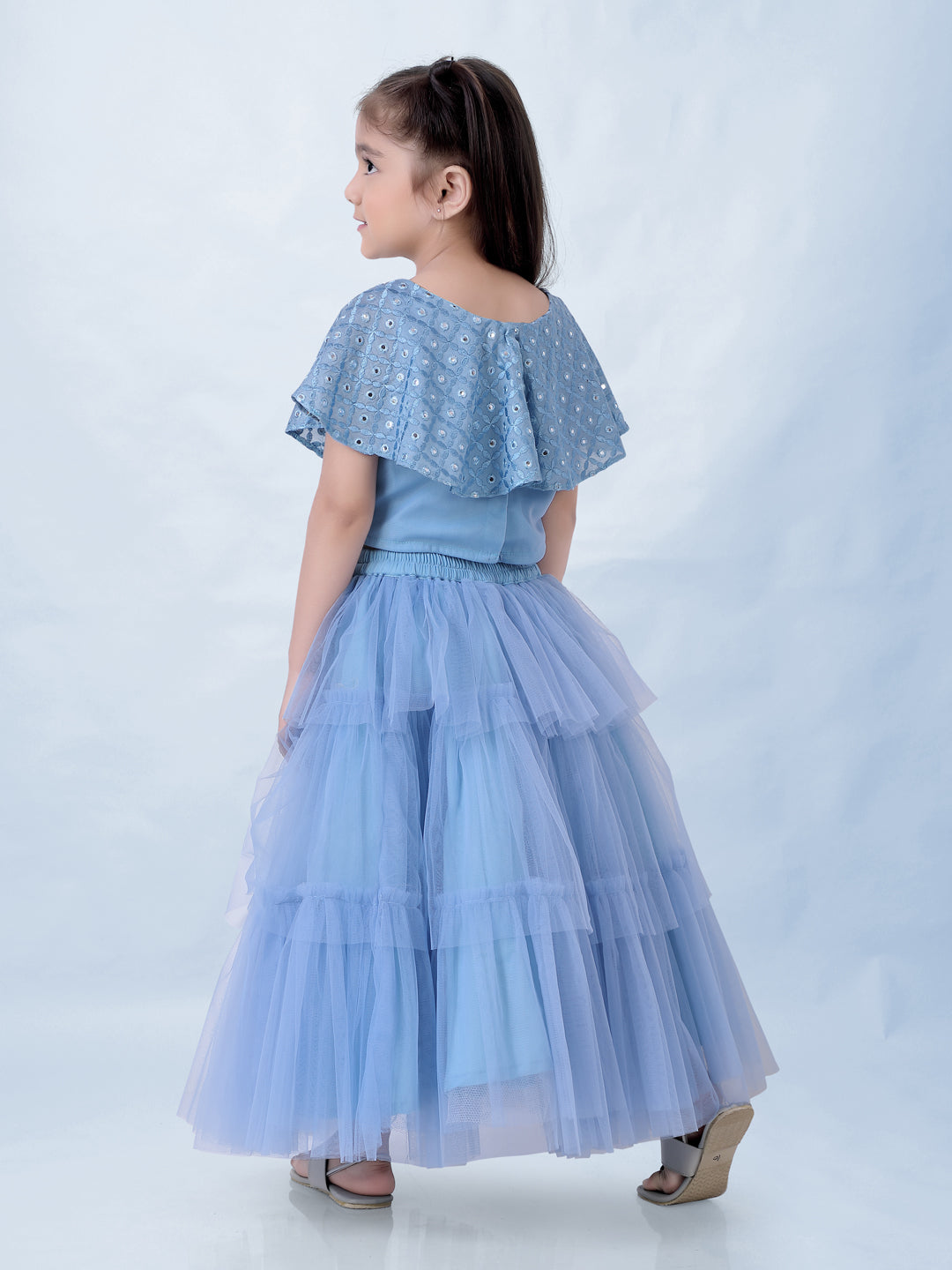 Girl's Faux Miror Flap Choli With Mesh Flared Ghaghra With Mirror Belt-Powder Blue - Lil Peacock