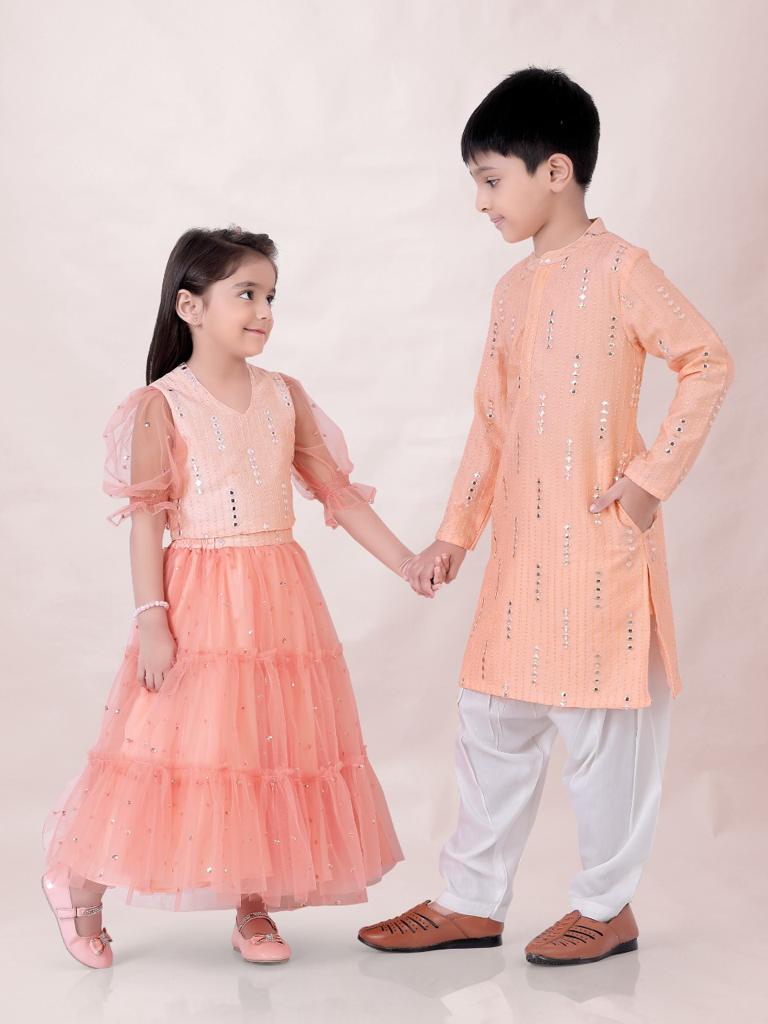 Girl's Faux Mirror Choli With Mesh Sequins Puff Sleeves , Tiered Sequins Ghaghra-Peach - Lil Peacock
