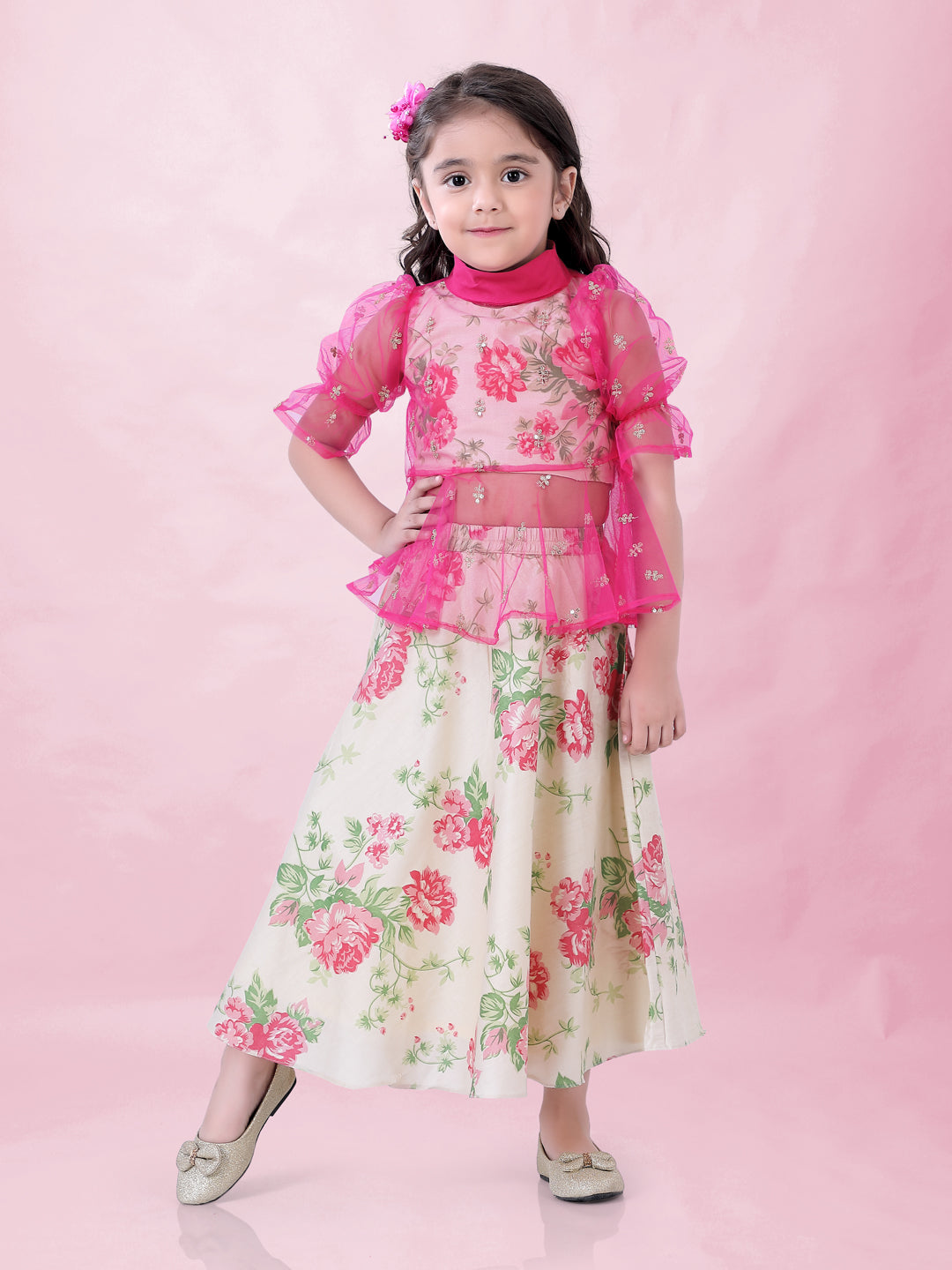 Girl's Floral Print Ghaghra Choli Set With Peplum Sequins Top-Pink - Lil Peacock