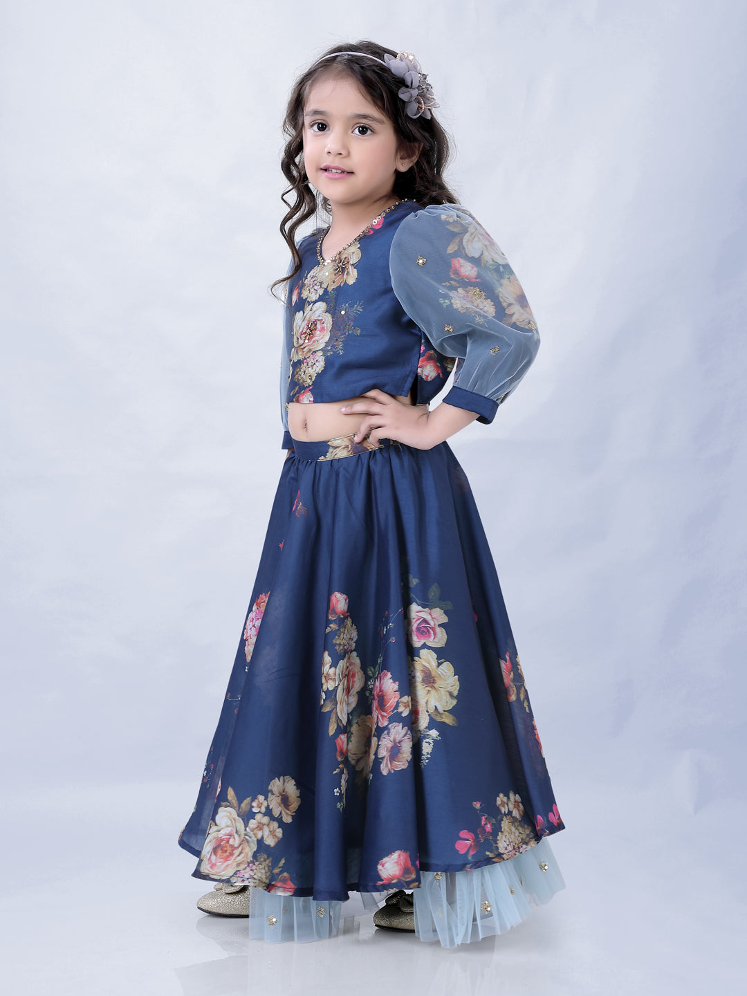 Girl's Floral Print Umbrella Ghaghra With Mesh Detailing With Hand Embroidered Puff Sleeves Choli-Navy Blue - Lil Peacock