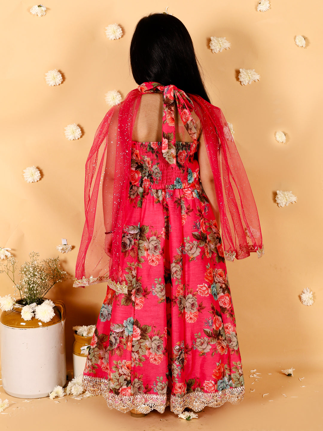 Girl's Floral Print Choli With Back Open & Umbrella Ghaghra With Chiffon Drape Dupatta & Latkan-Fuschia - Lil Peacock