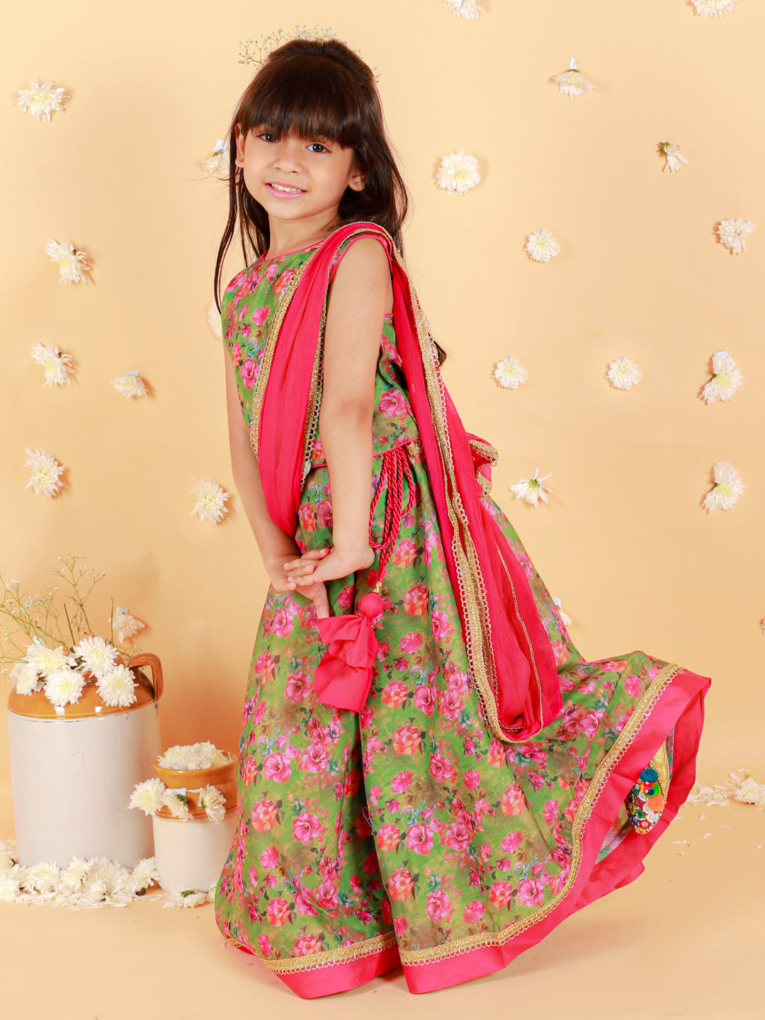 Girl's Floral Print Choli With Back Open & Umbrella Ghaghra With Chiffon Drape Dupatta & Latkan-Mehendi Green - Lil Peacock