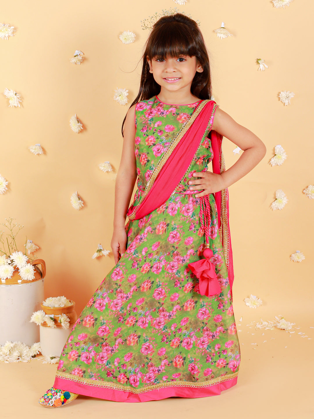 Girl's Floral Print Choli With Back Open & Umbrella Ghaghra With Chiffon Drape Dupatta & Latkan-Mehendi Green - Lil Peacock