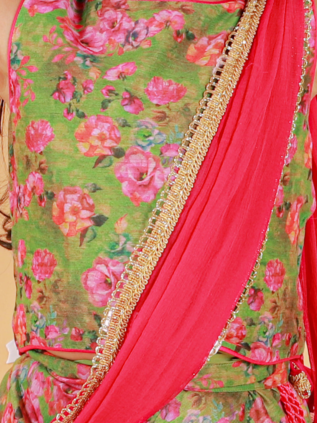 Girl's Floral Print Choli With Back Open & Umbrella Ghaghra With Chiffon Drape Dupatta & Latkan-Mehendi Green - Lil Peacock