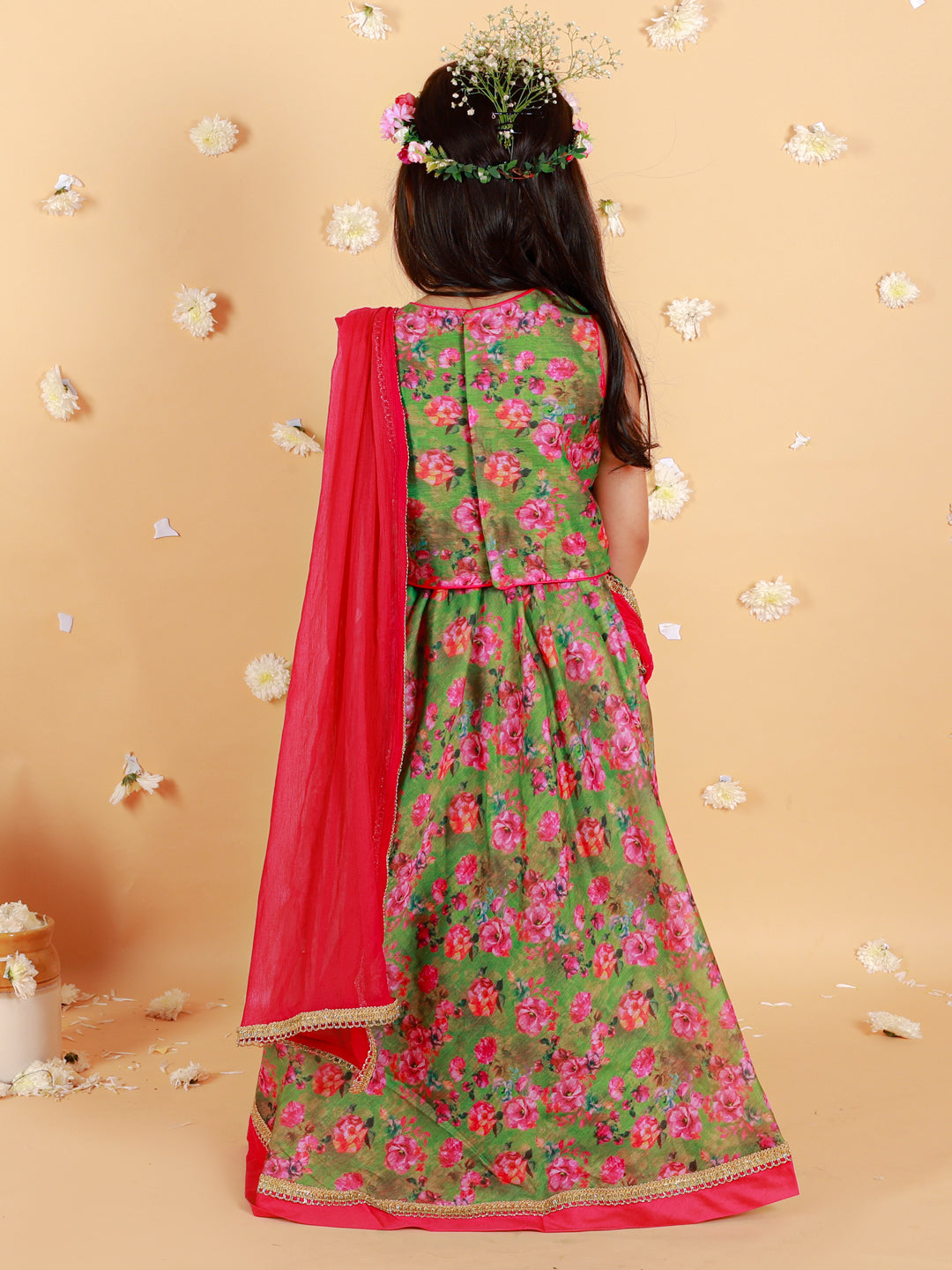 Girl's Floral Print Choli With Back Open & Umbrella Ghaghra With Chiffon Drape Dupatta & Latkan-Mehendi Green - Lil Peacock