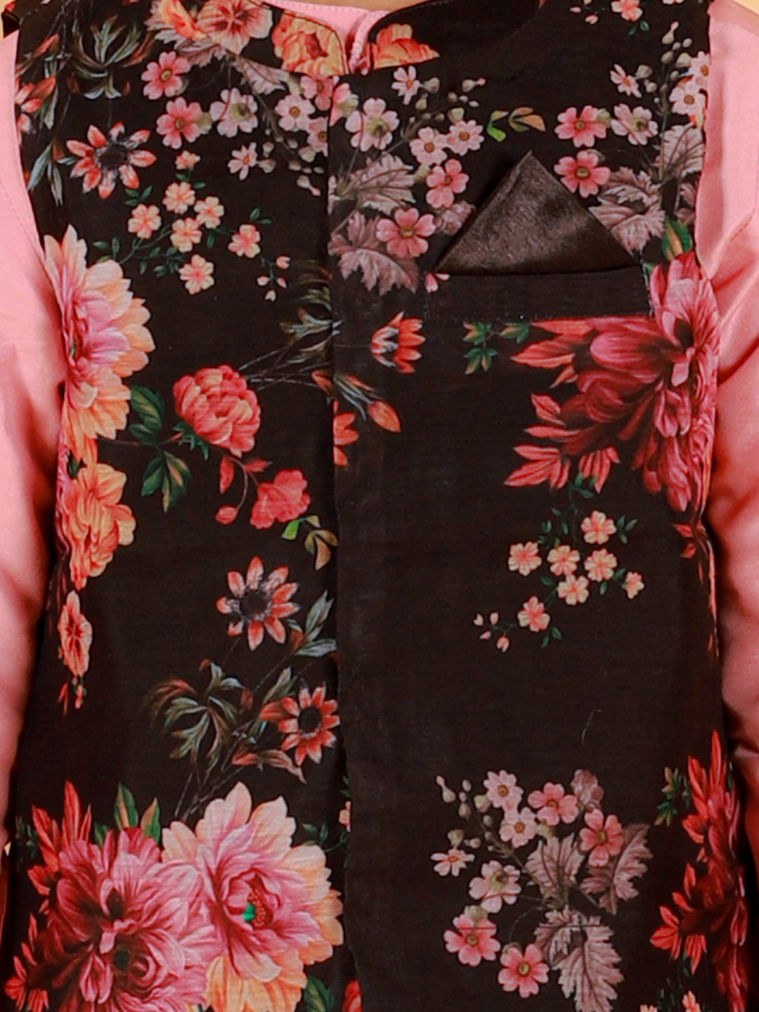 Boy's Cotton Silk Kurta Pyjama Set With Digital Floral Print Jacket- Peach - Lil Peacock