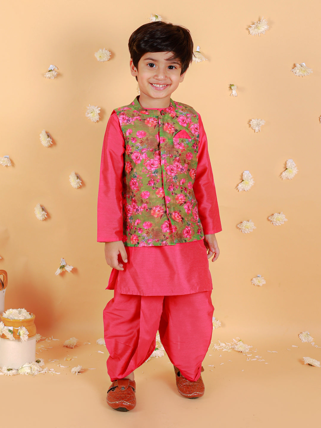 Boy's Cotton Silk Kurta Dhoti Set With Digital Floral Print Jacket Set-Fuschia - Lil Peacock