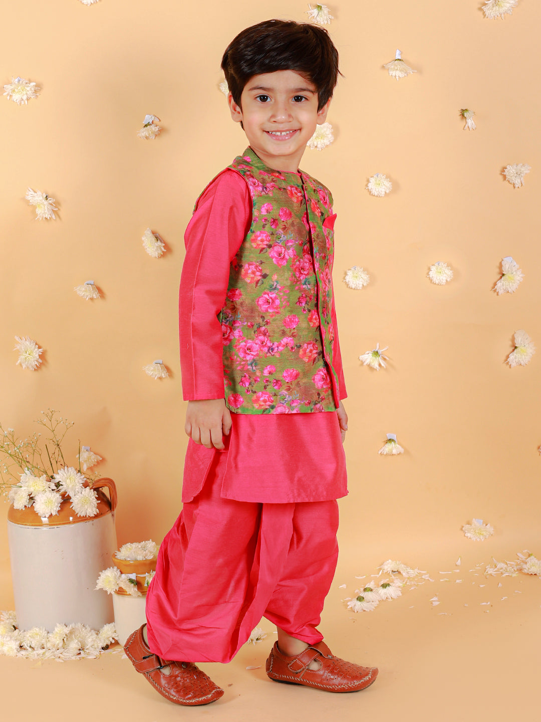 Boy's Cotton Silk Kurta Dhoti Set With Digital Floral Print Jacket Set-Fuschia - Lil Peacock