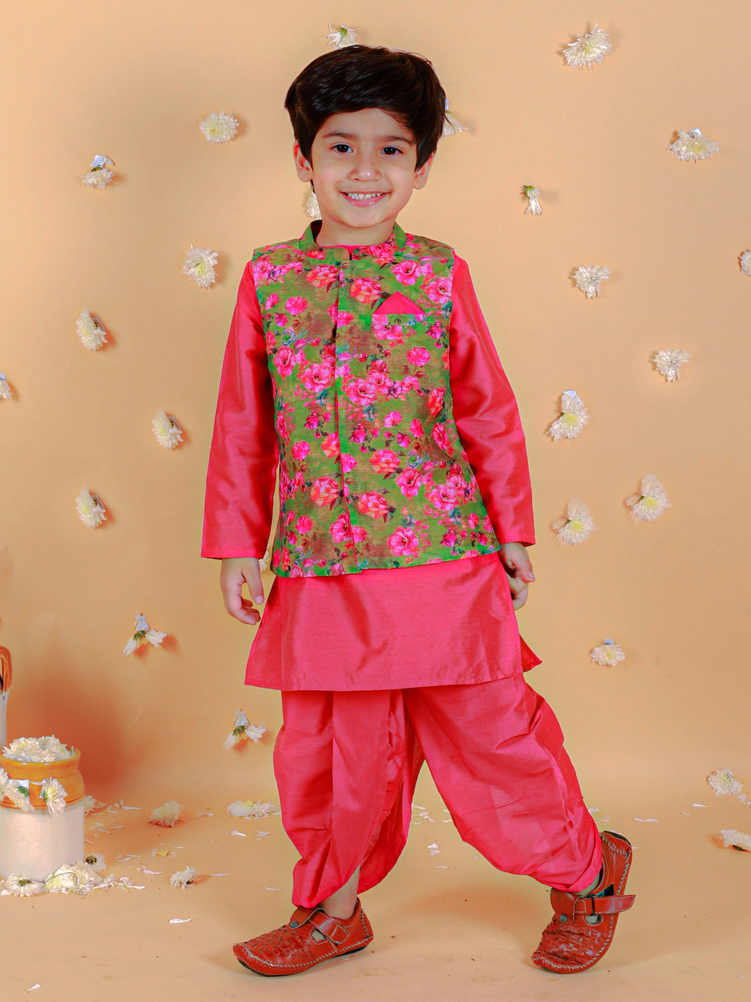 Boy's Cotton Silk Kurta Dhoti Set With Digital Floral Print Jacket Set-Fuschia - Lil Peacock