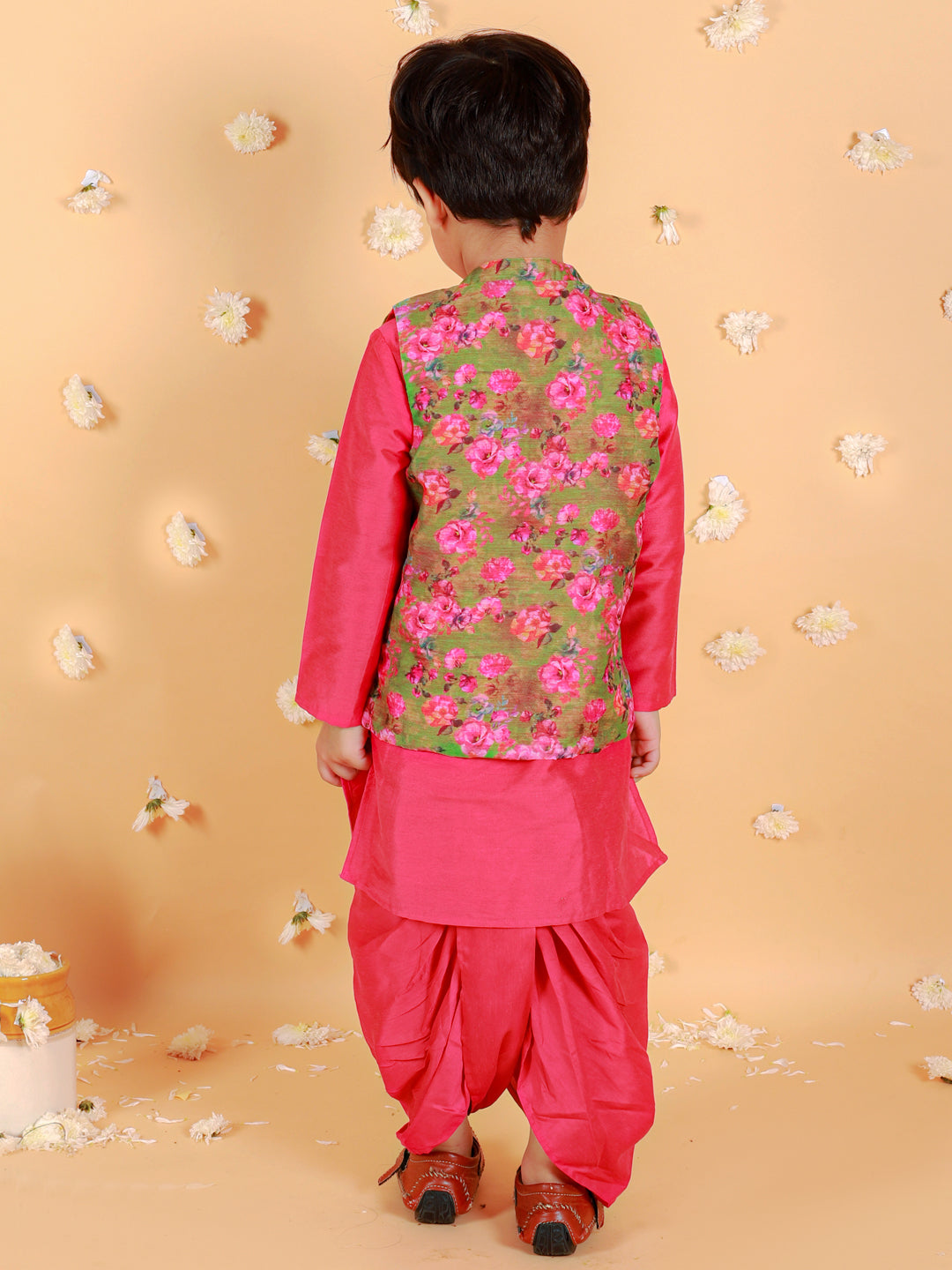 Boy's Cotton Silk Kurta Dhoti Set With Digital Floral Print Jacket Set-Fuschia - Lil Peacock