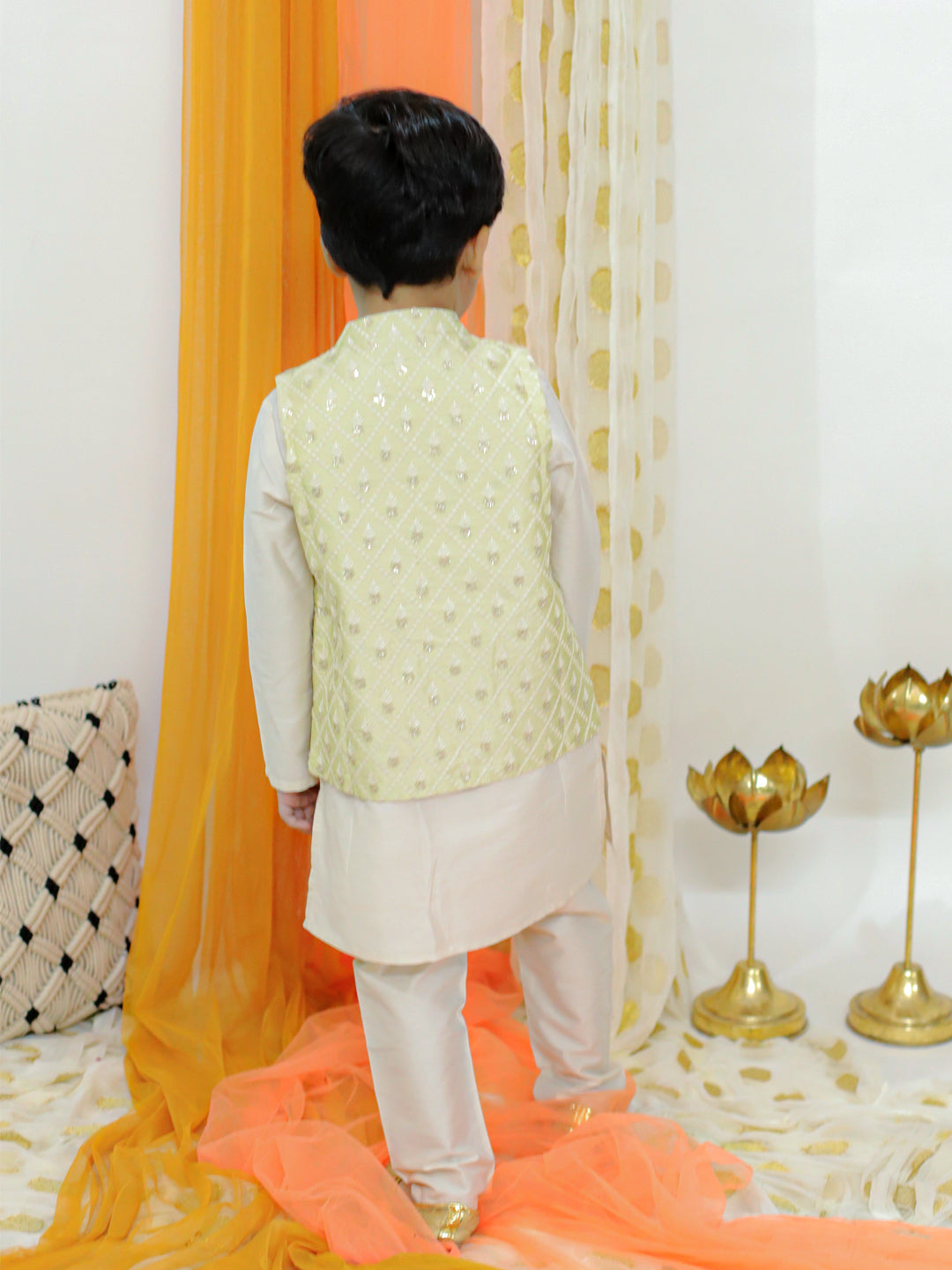 Boy's Kurta Pyjama With Embroidered Jacket Set- Off White ( Ecru) - Lil Peacock