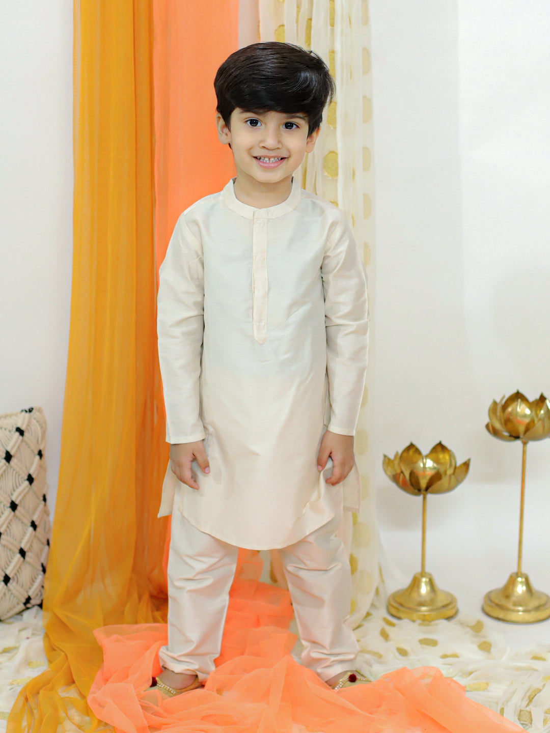 Boy's Kurta Pyjama With Embroidered Jacket Set- Off White ( Ecru) - Lil Peacock