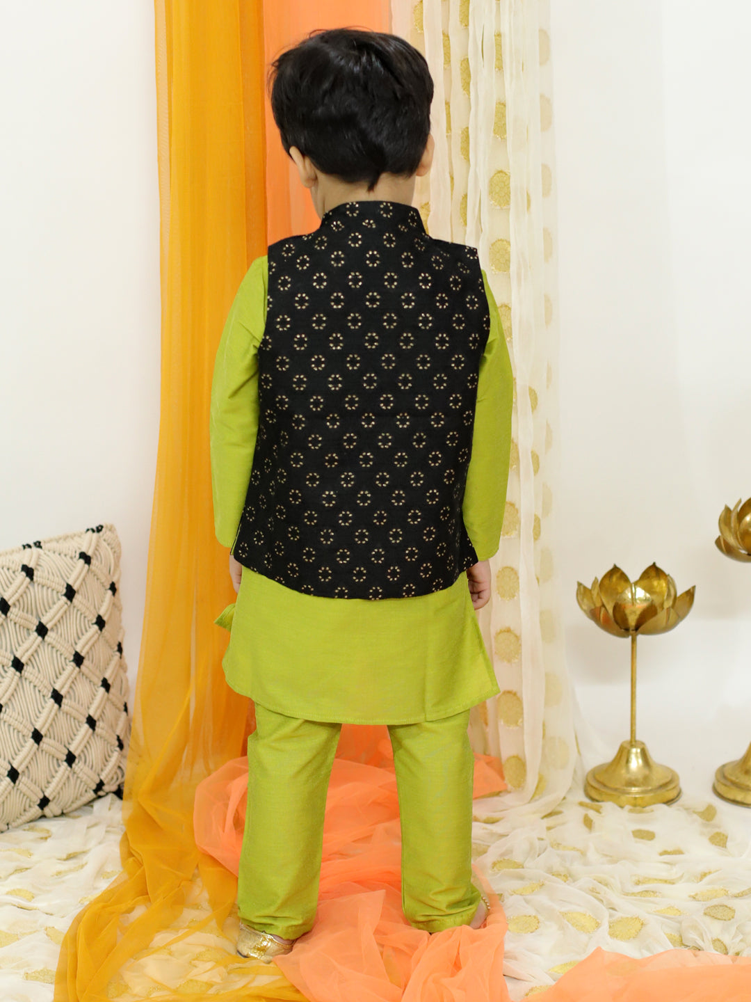 Boy's Kurta Pyjama With Jacquard Jacket Set- Green - Lil Peacock