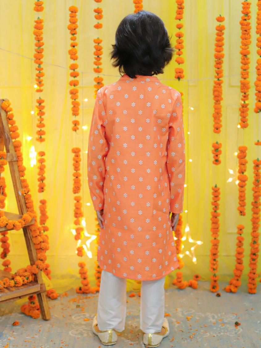 Boy's chanderi block print with glitter kurta with pyjama set-Peach - Lil Peacock