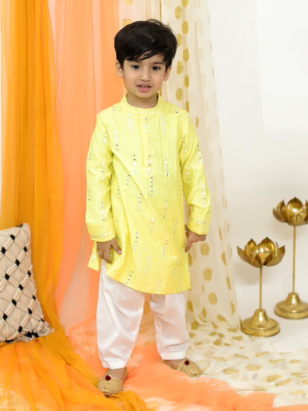 Boy's Faux Mirrow Work Emb Kurta With Pyjama-Yellow - Lil Peacock