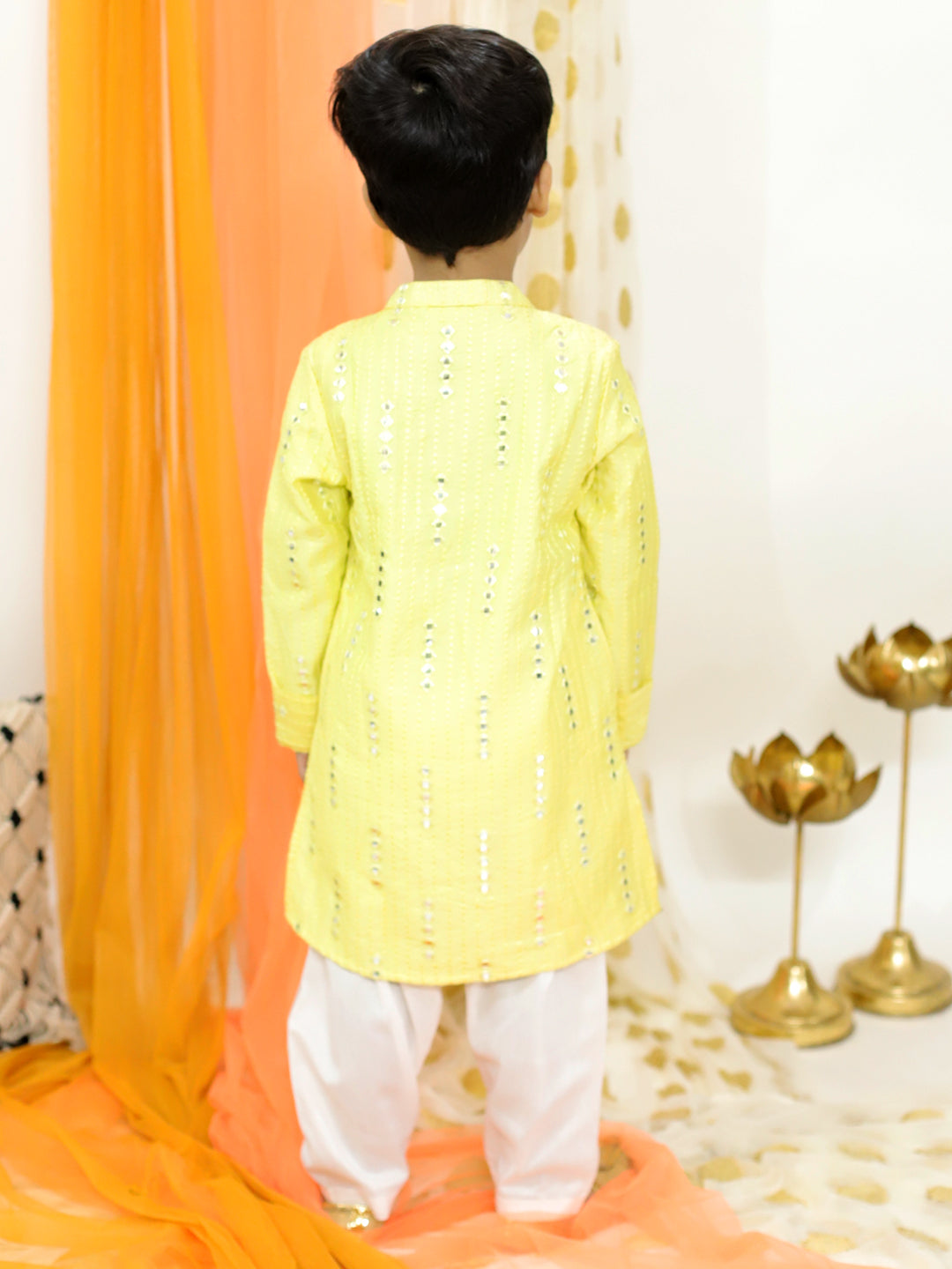 Boy's Faux Mirrow Work Emb Kurta With Pyjama-Yellow - Lil Peacock