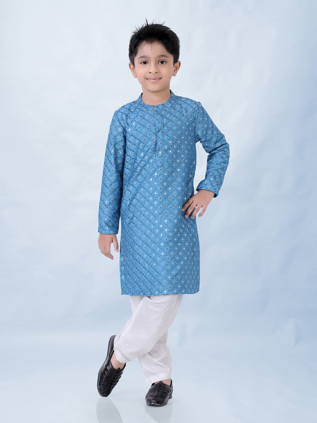 Boy's Embroidered Faux Mirror Kurta With Pyjama Set- Blue - Lil Peacock