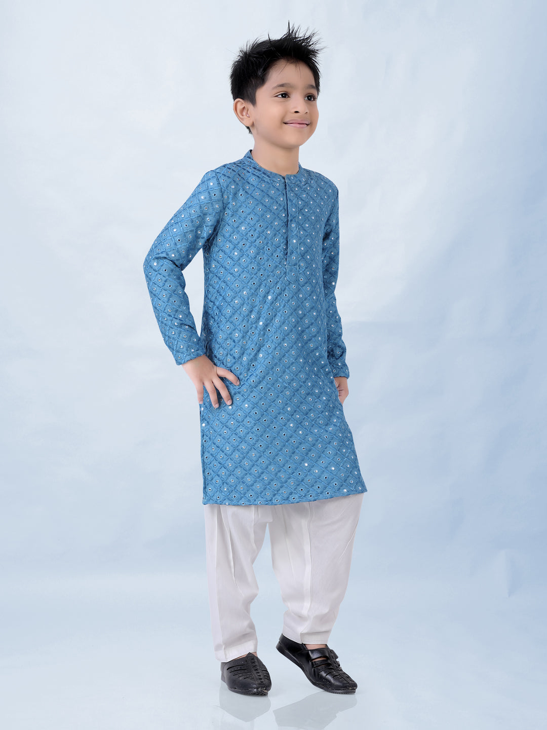 Boy's Embroidered Faux Mirror Kurta With Pyjama Set- Blue - Lil Peacock