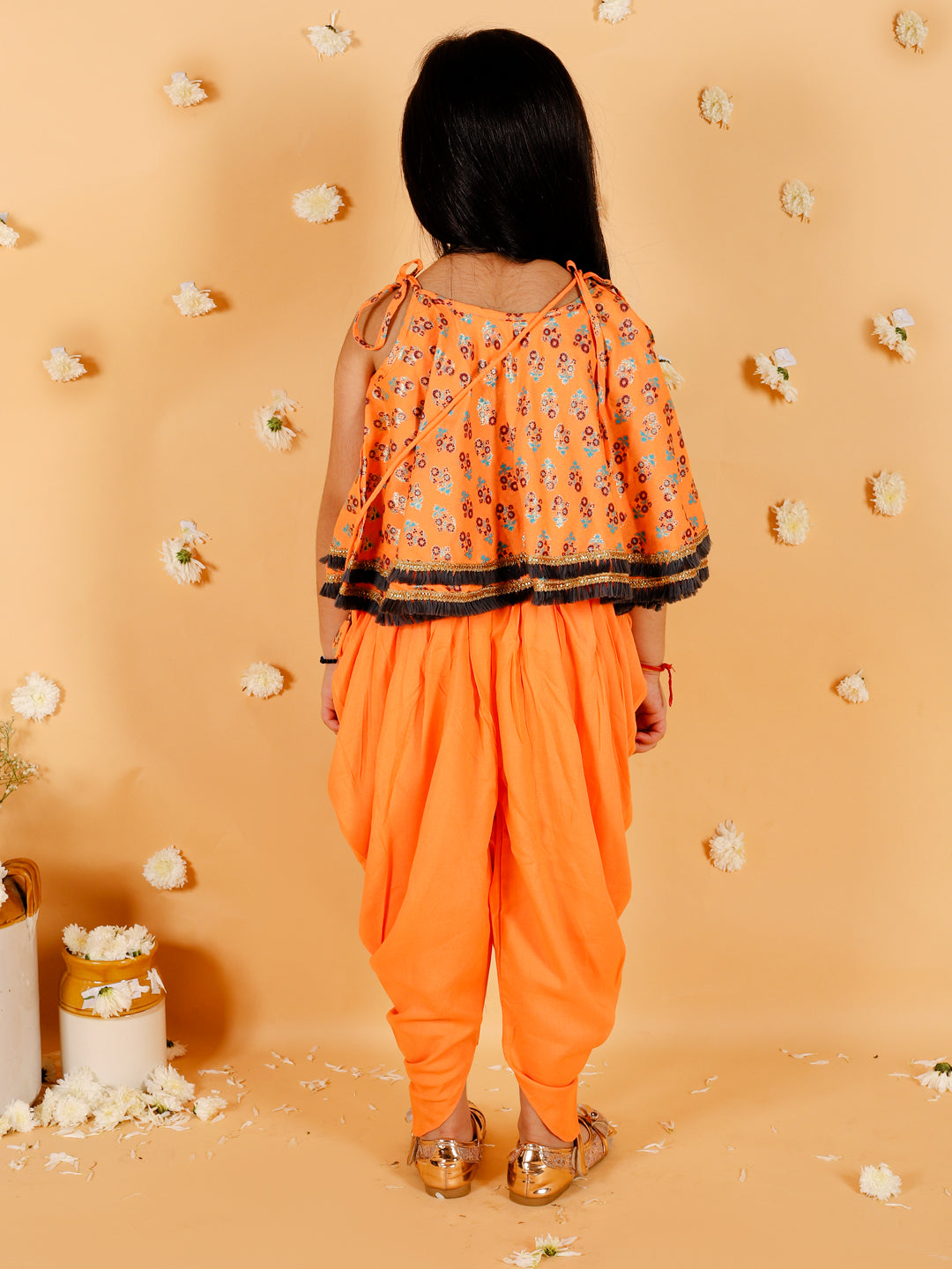 Girl's Foil Printed Top With Fusion Dhoti-Orange - Lil Peacock
