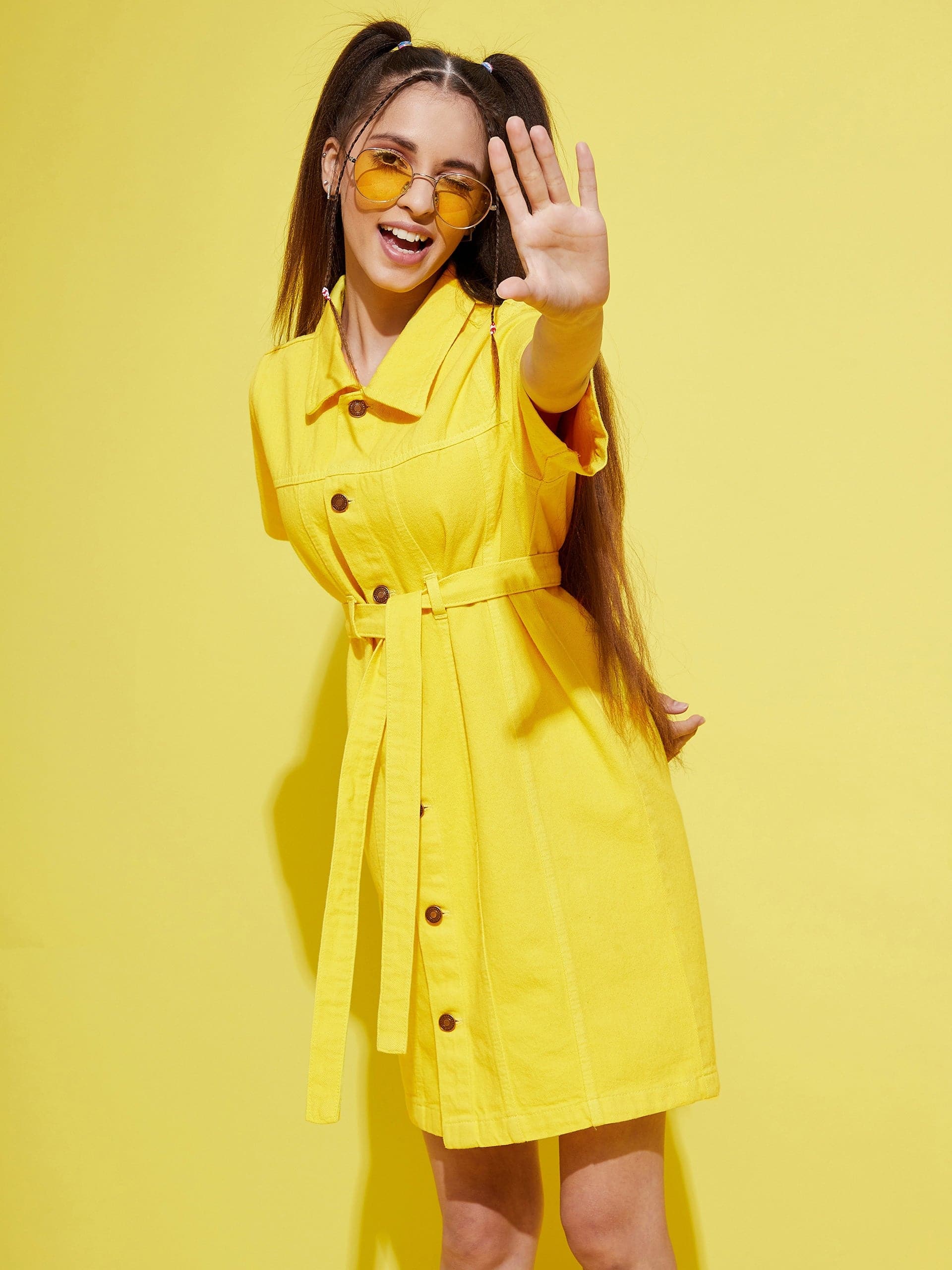 Girl's Yellow Front Button Denim Shirt Dress - LYUSH KIDS