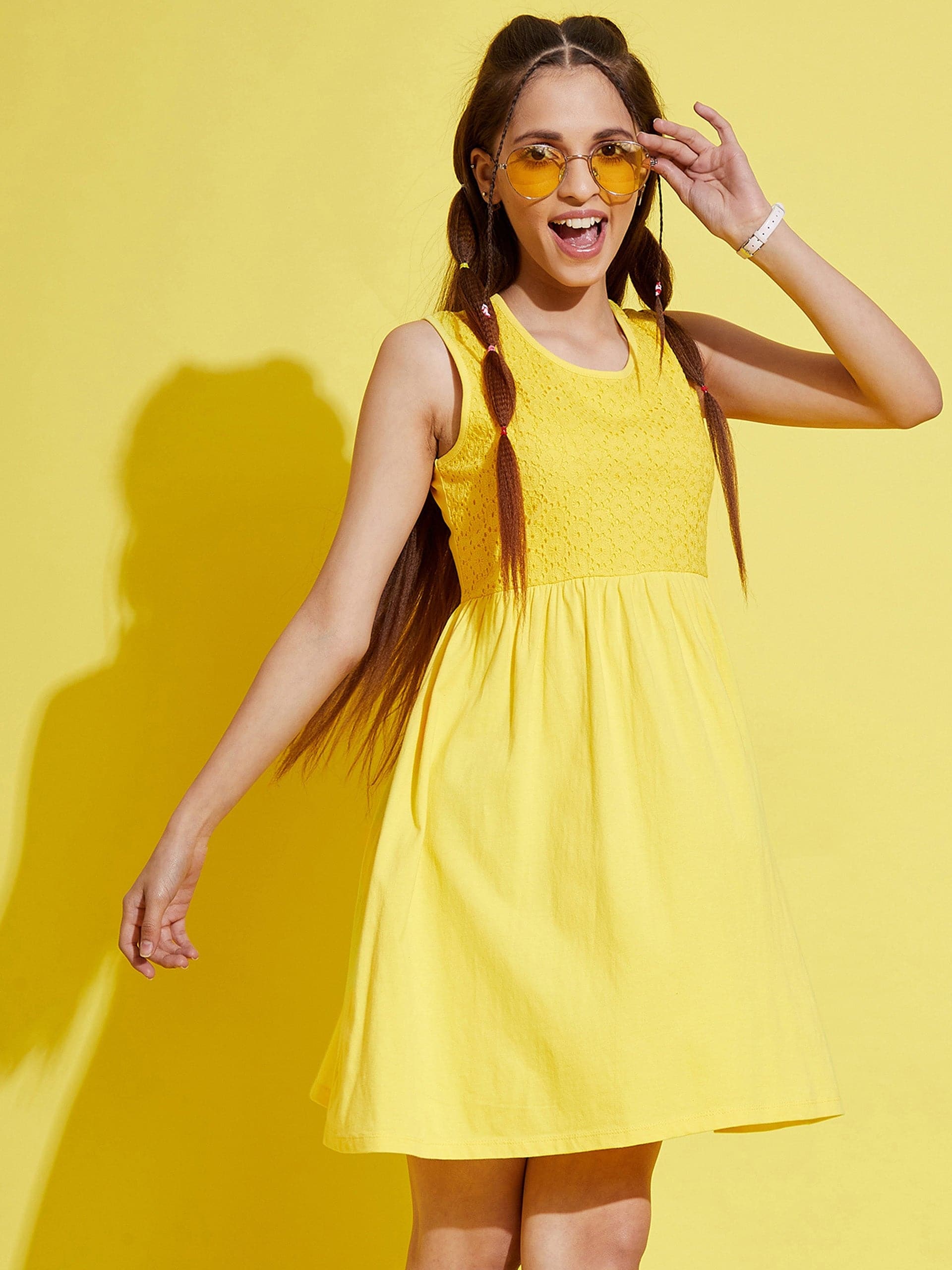 Girl's Yellow Schiffli Gathered Dress - LYUSH KIDS