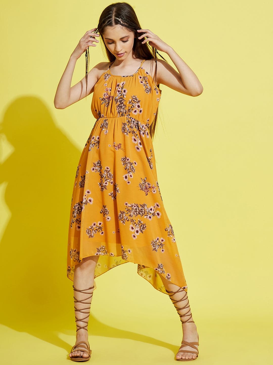 Girl's Mustard Floral Strappy Dress - LYUSH KIDS