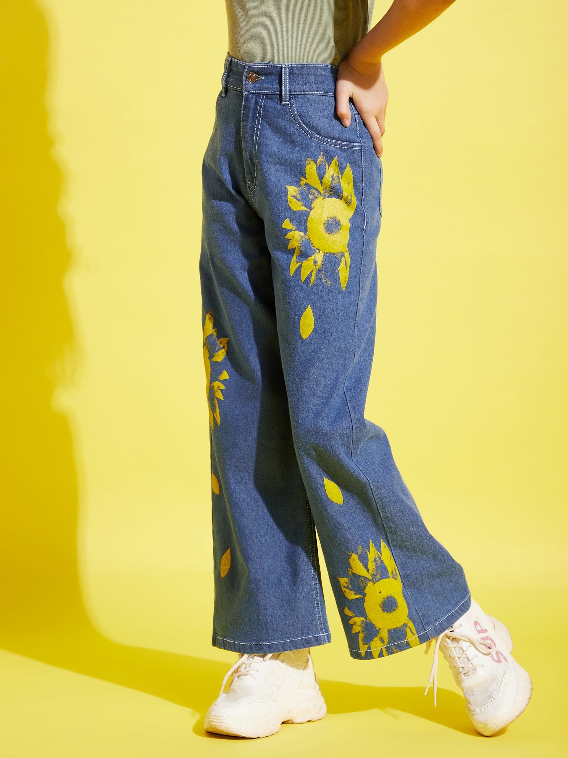 Girl's Ice Blue Flower Print Straight Jeans - LYUSH KIDS