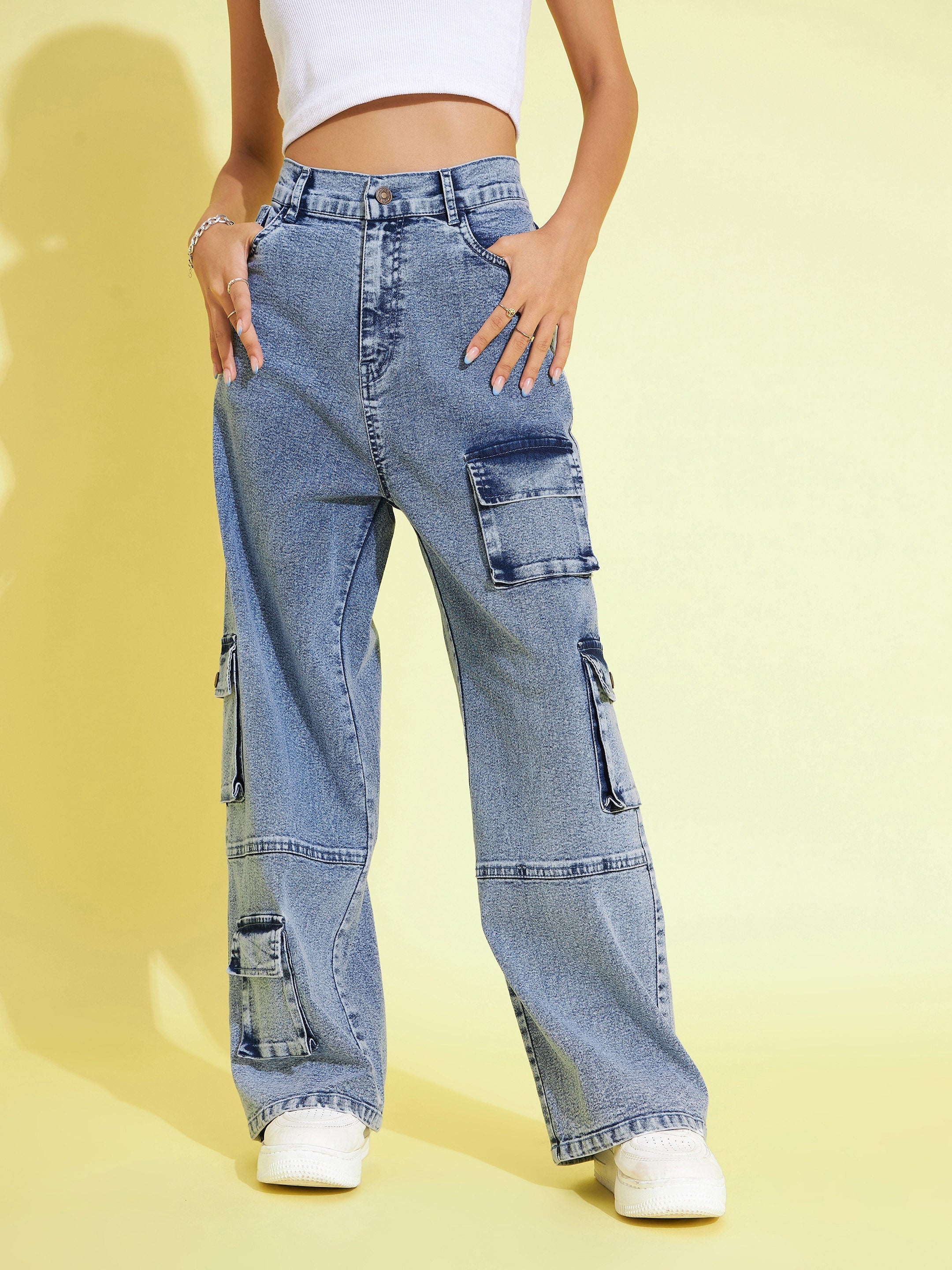 Girls Blue Acid Wash Multi Pockets Straight Jeans - Lyush Kids