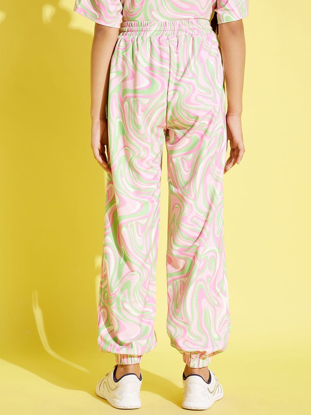 Girl's Pink & Green Abstract Waves Print Knit Joggers - LYUSH KIDS