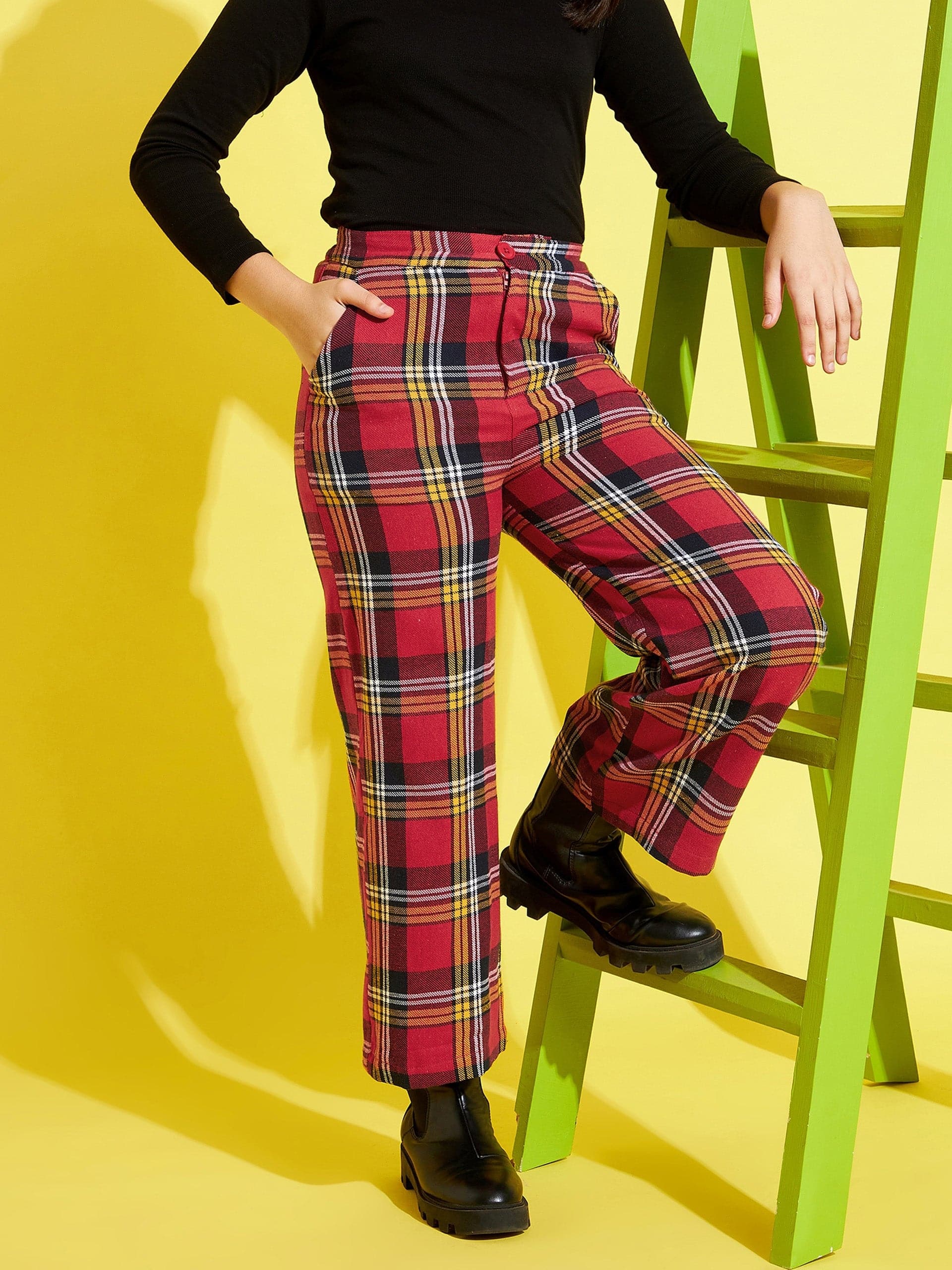 Girl's Red & Yellow Check Straight Pants - LYUSH KIDS