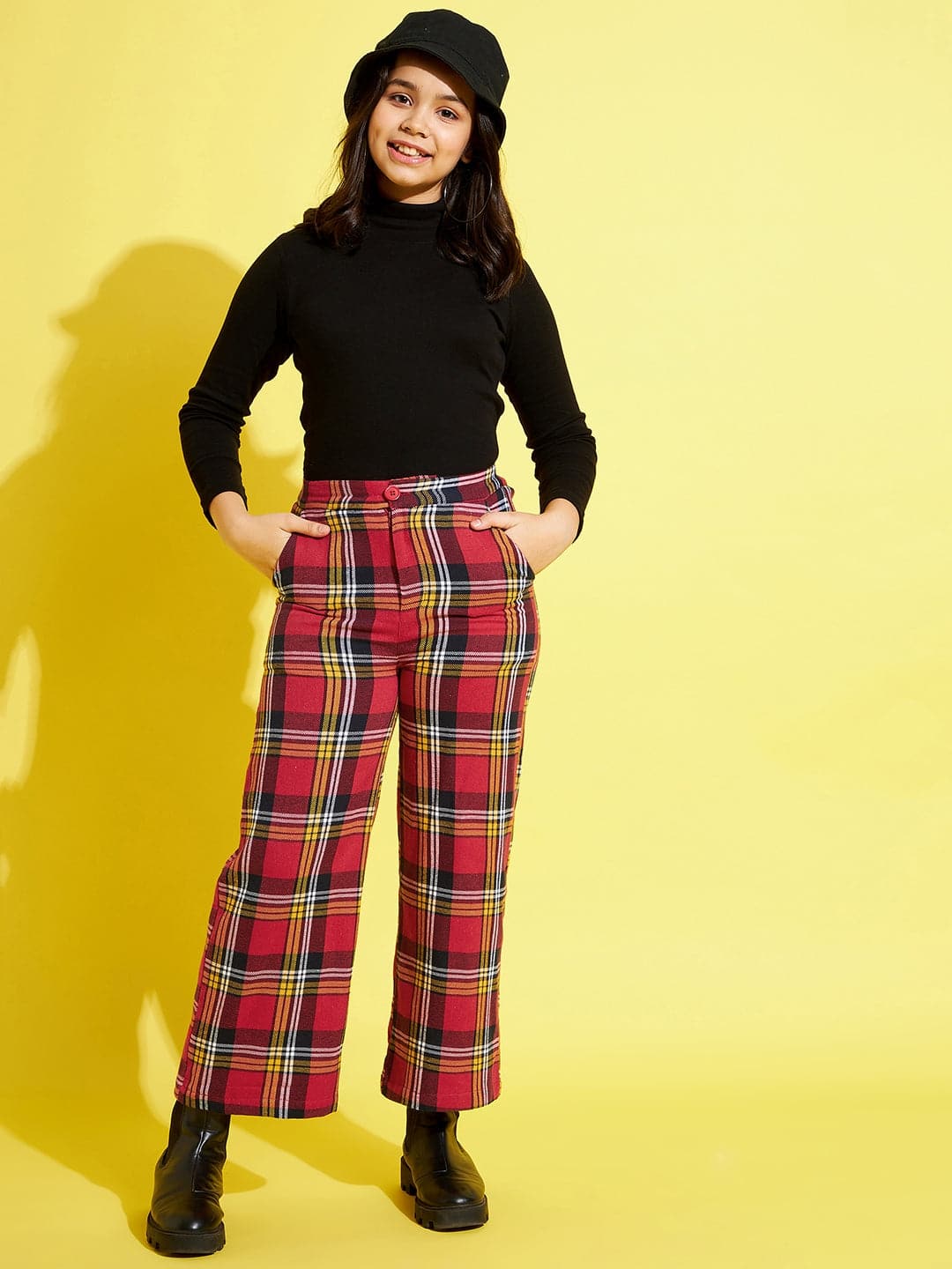 Girl's Red & Yellow Check Straight Pants - LYUSH KIDS