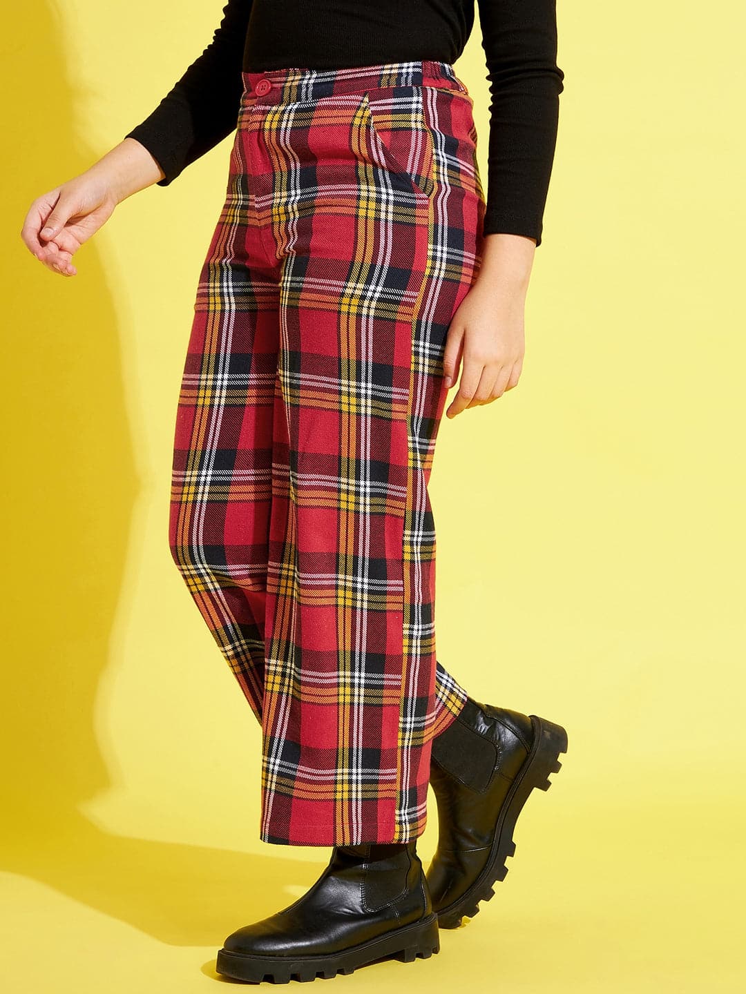 Girl's Red & Yellow Check Straight Pants - LYUSH KIDS