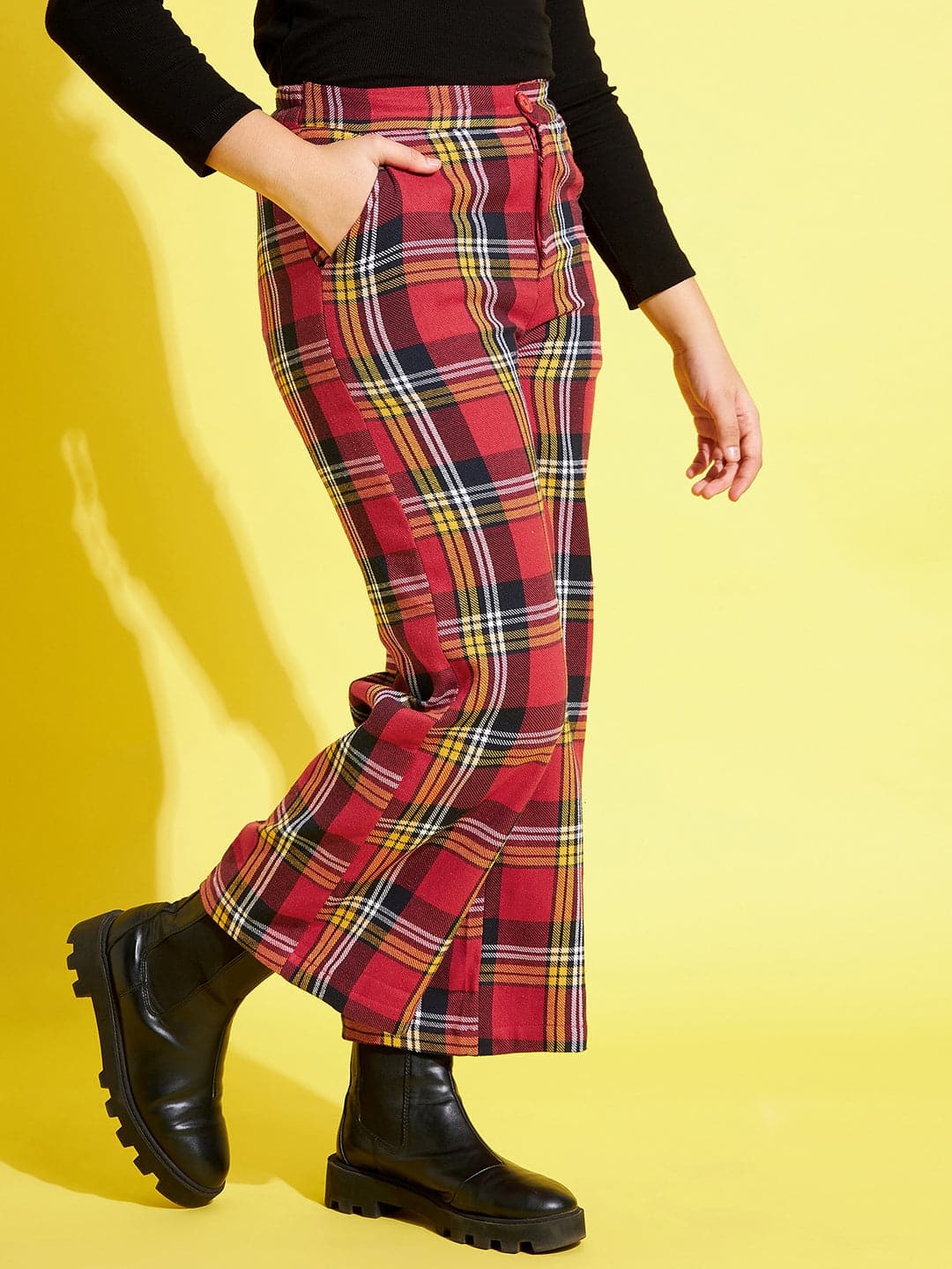 Girl's Red & Yellow Check Straight Pants - LYUSH KIDS