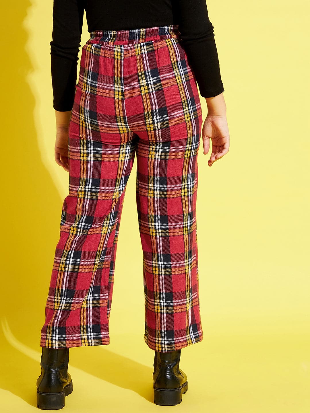 Girl's Red & Yellow Check Straight Pants - LYUSH KIDS