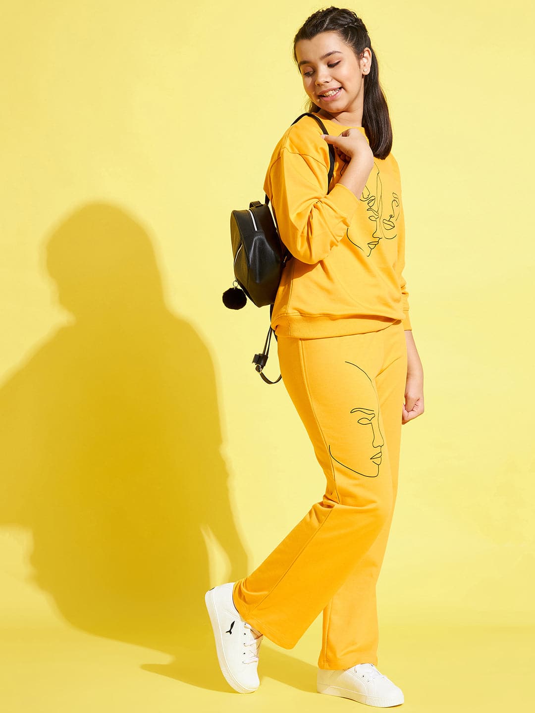 Girl's Yellow Face Print Sweatshirt With Track Pants - LYUSH KIDS