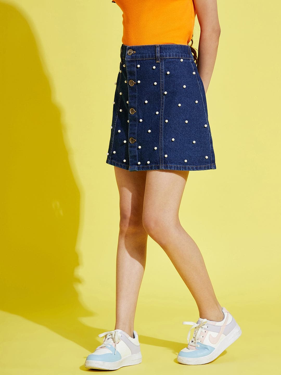 Girl's Navy Pearl Front Button Denim Mini Skirt - LYUSH KIDS