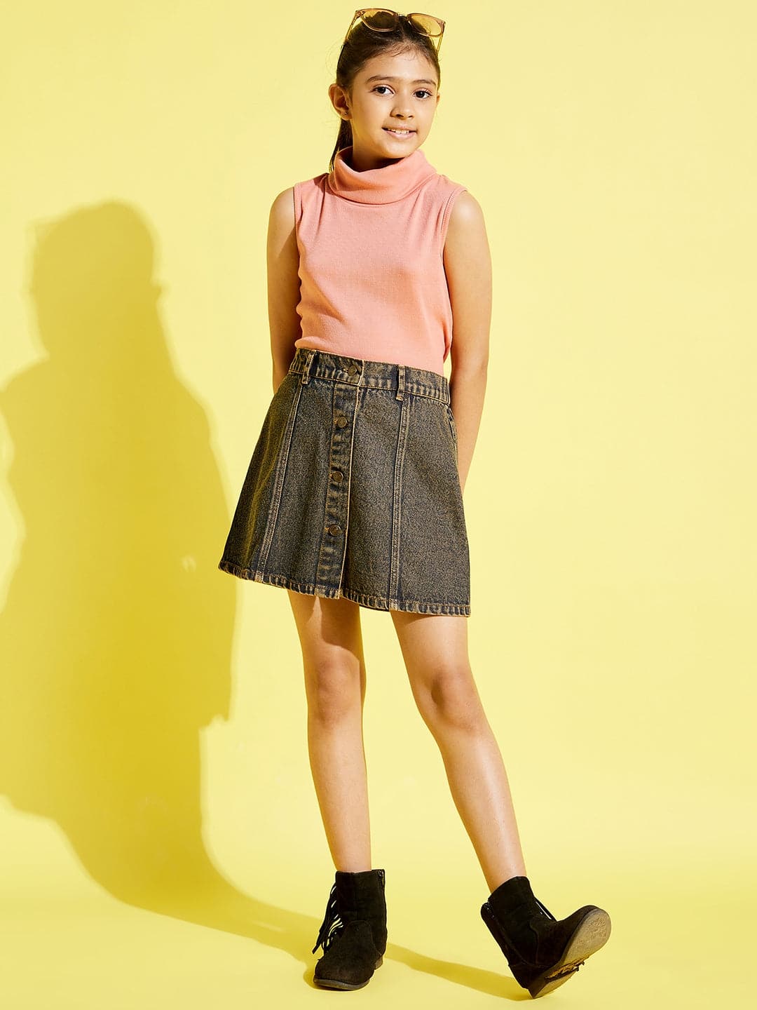 Girl's Navy Acid Wash Front Button Denim Mini Skirt - LYUSH KIDS