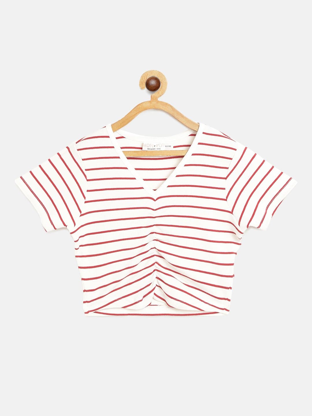 Girl's White & Red Pinstripes Rouched Front Crop Rib Top - LYUSH KIDS