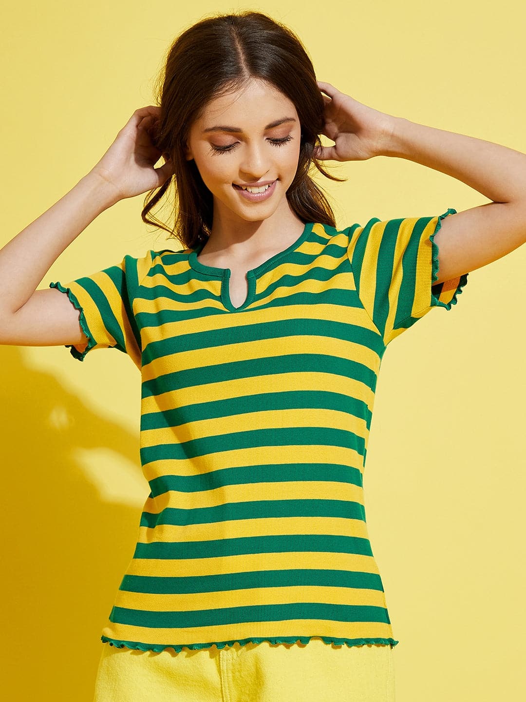 Girl's Green & Yellow Stripes Rib V-Neck Top - LYUSH KIDS